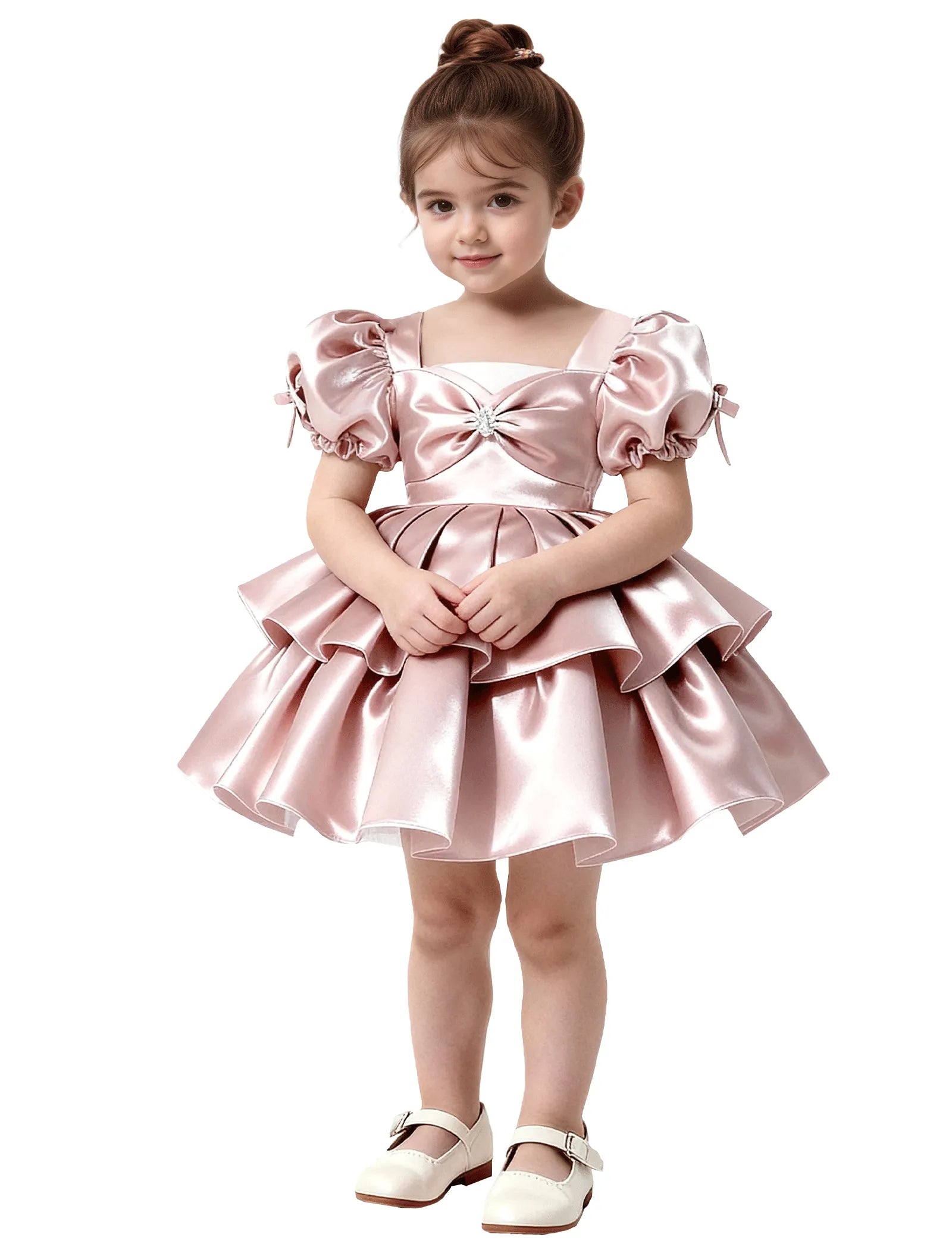 Short Satin Dress for Girls with Big Bow and Pearl Detail