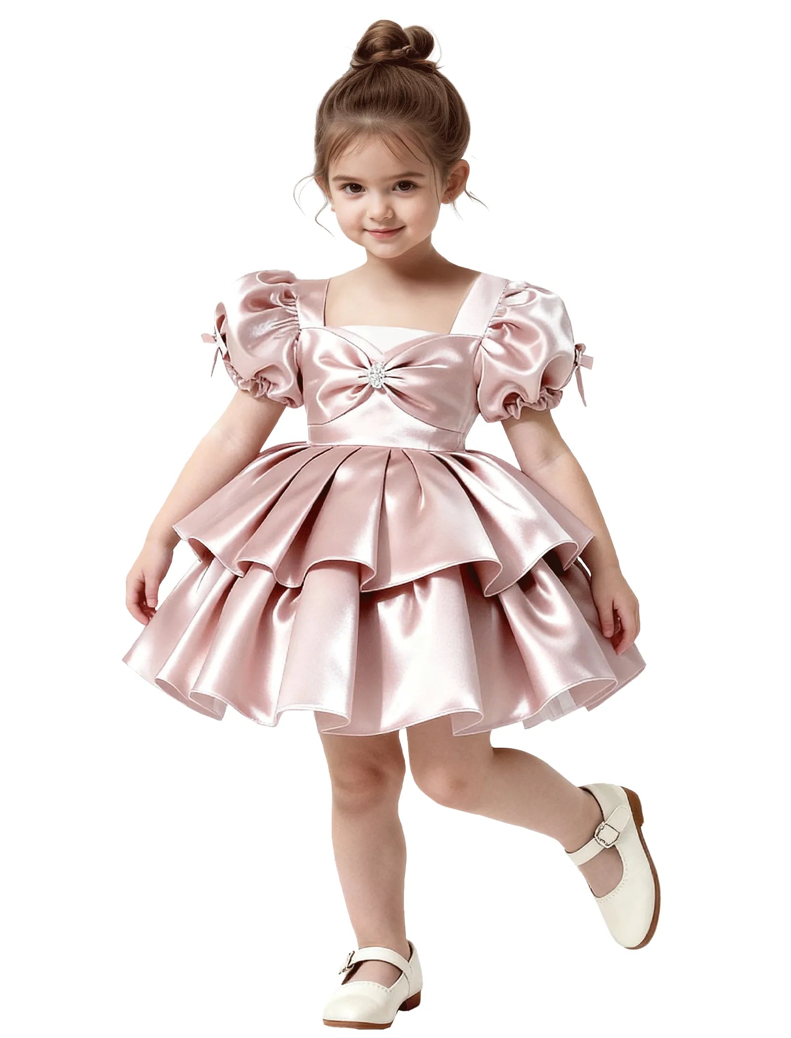 Short Satin Dress for Girls with Big Bow and Pearl Detail