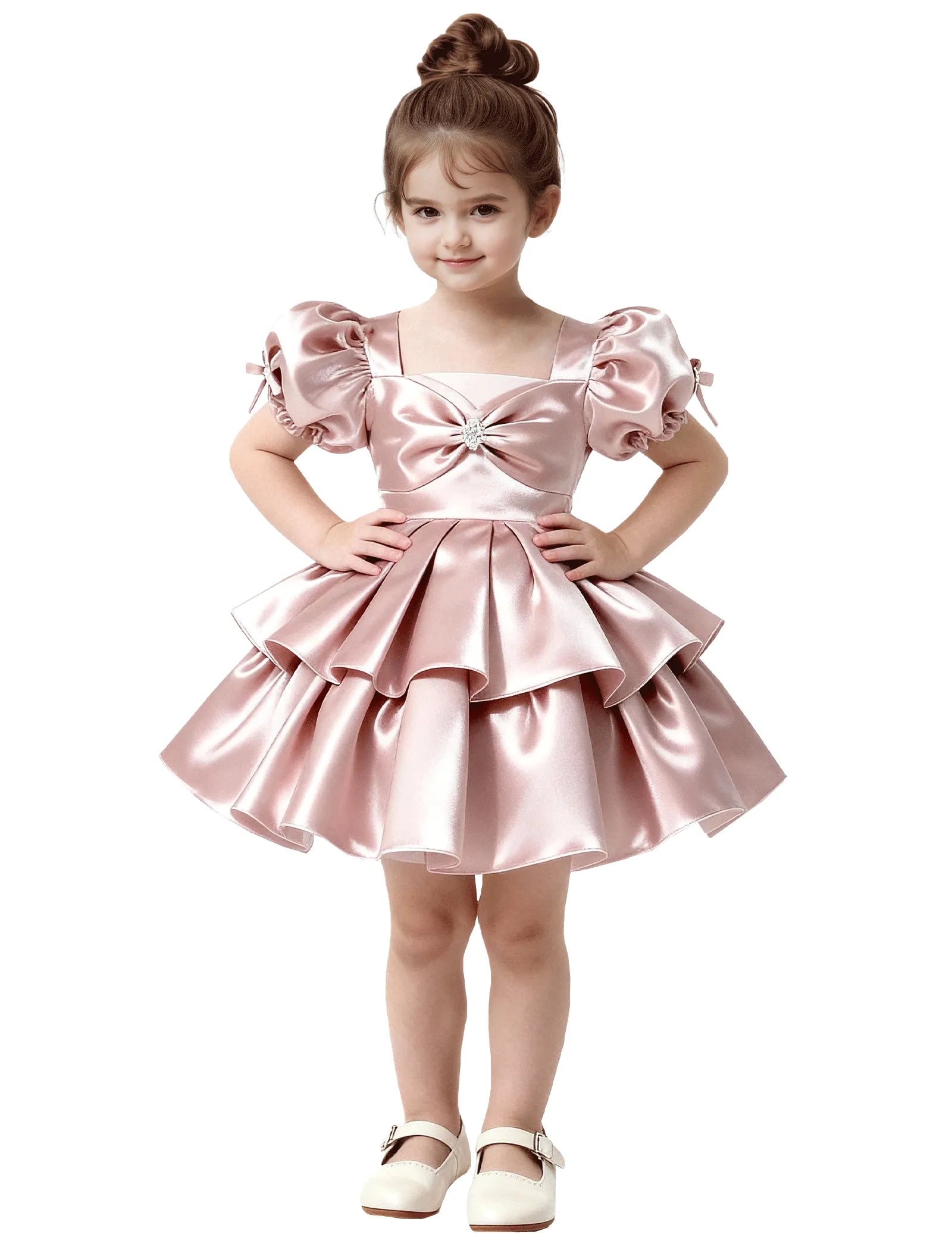 Short Satin Dress for Girls with Big Bow and Pearl Detail