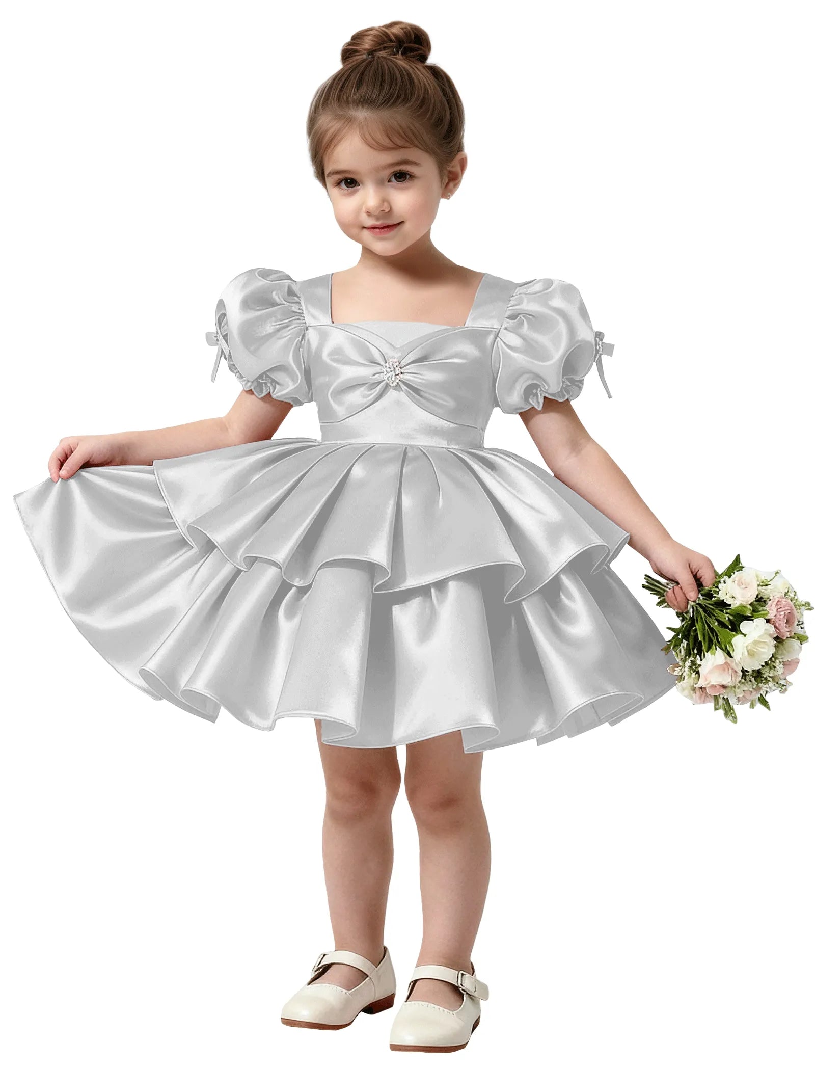 Short Satin Dress for Girls with Big Bow and Pearl Detail