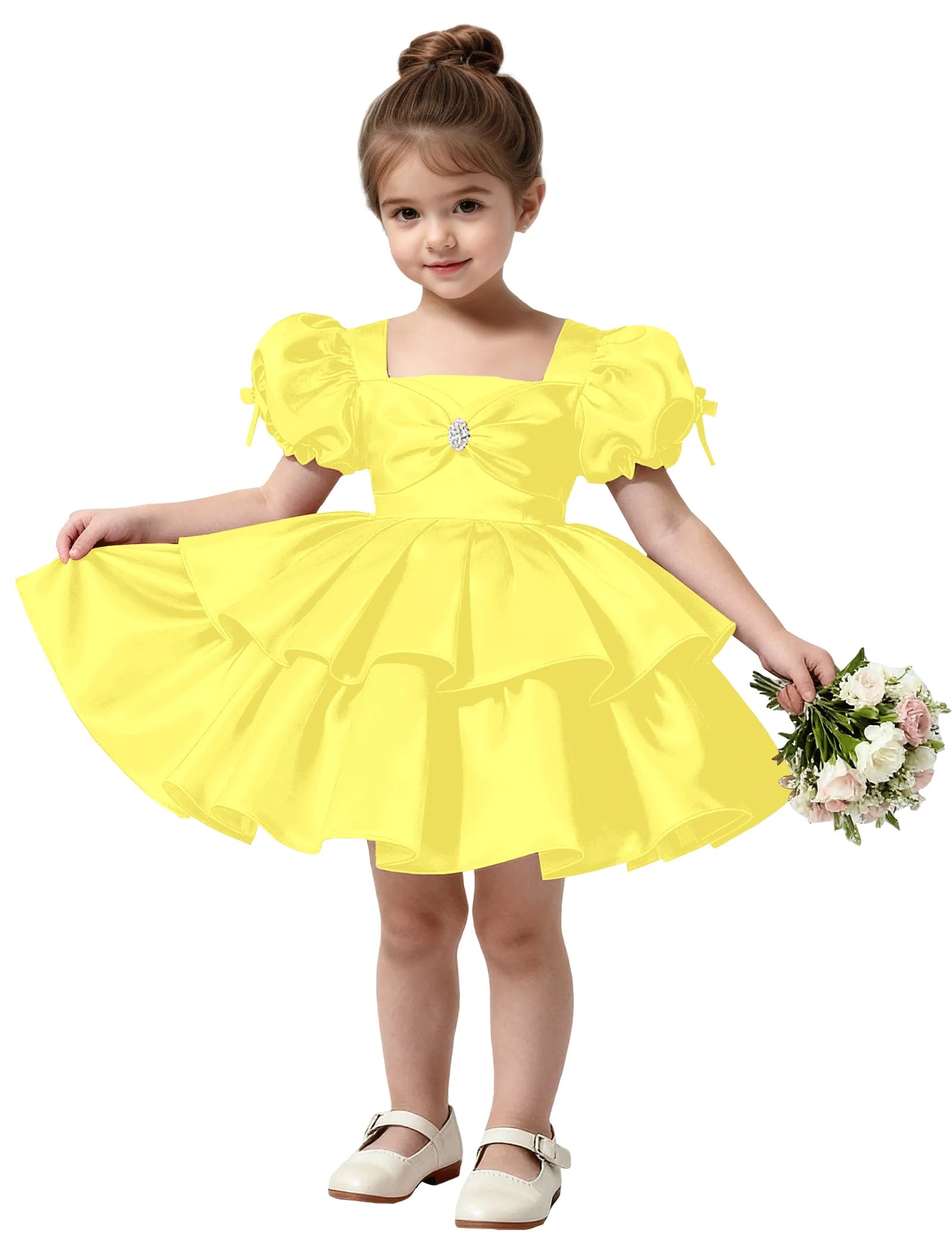 Short Satin Dress for Girls with Big Bow and Pearl Detail