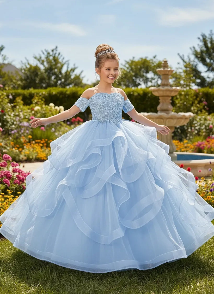 Elegant Tulle Flower Girl Dress with Off-Shoulder Design & Floral Details | Fynony Elegant Tulle Flower Girl Dress with Off-Shoulder Design & Floral Details | Fynony