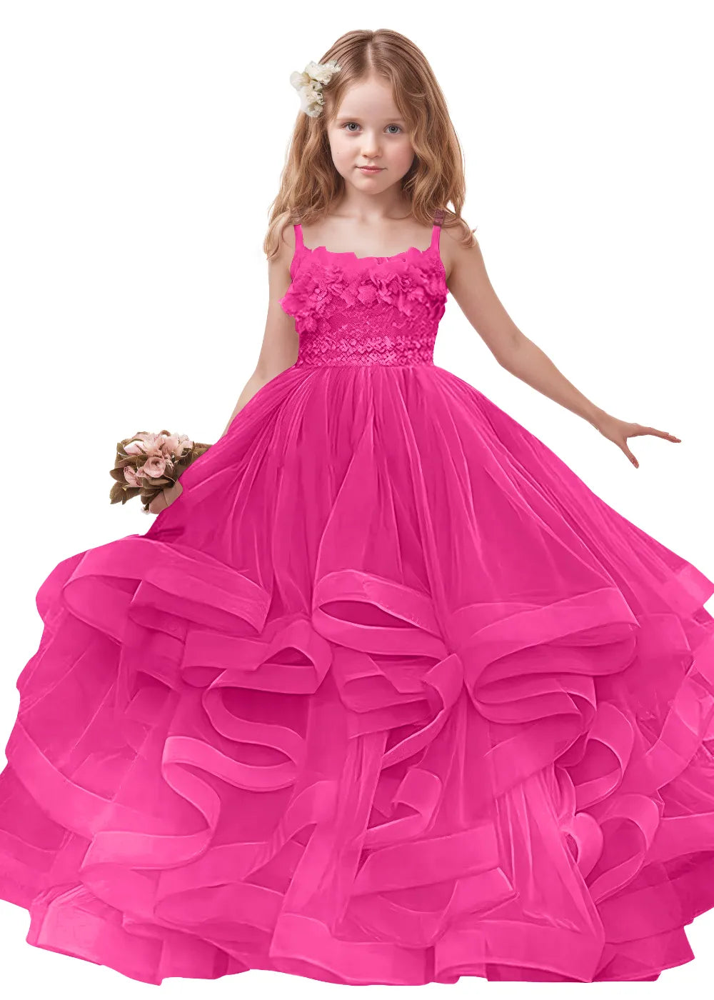 3D Floral & Ruffle Tulle Flower Girl Dress