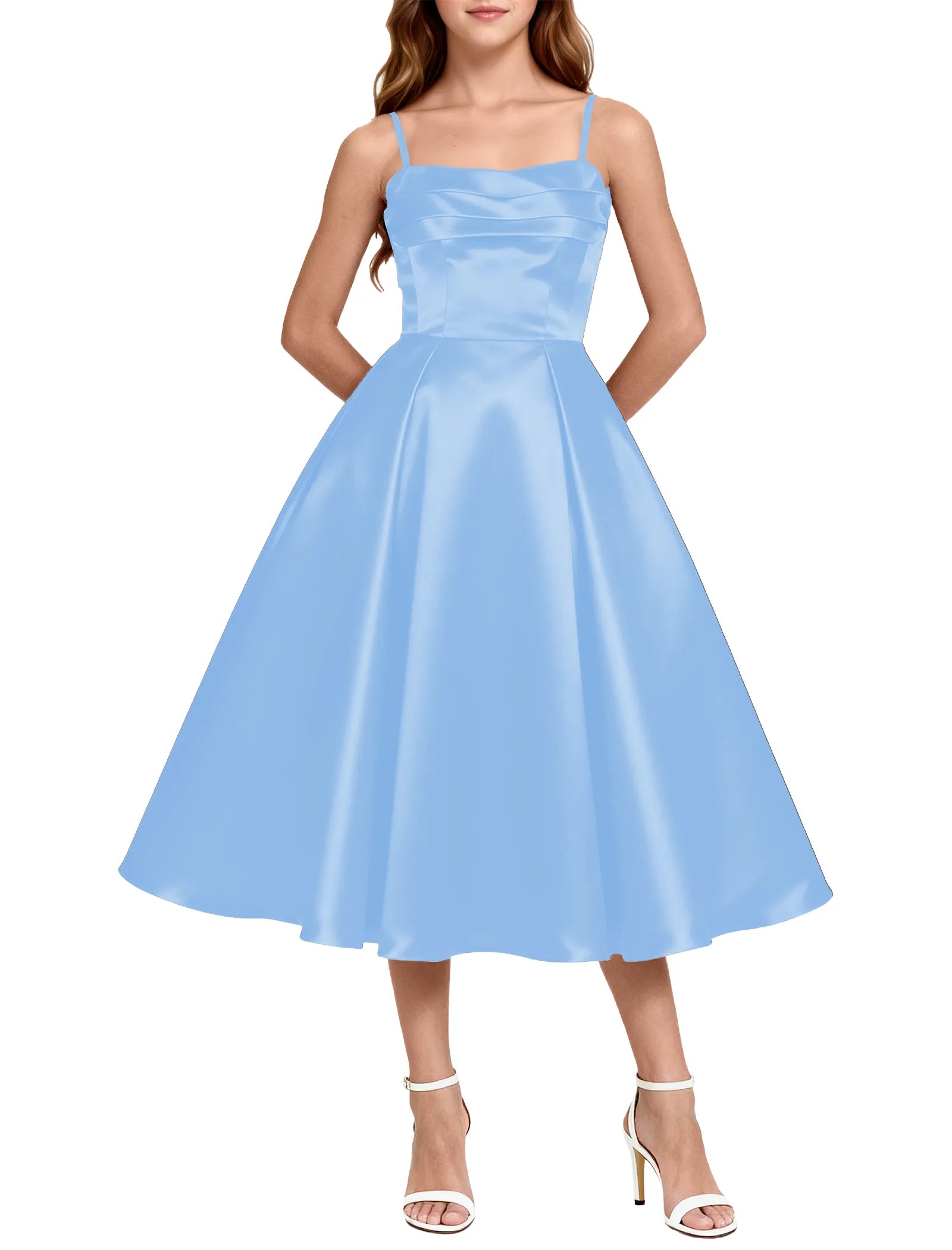 Elegant Satin Midi Dress for Girls with Spaghetti Straps