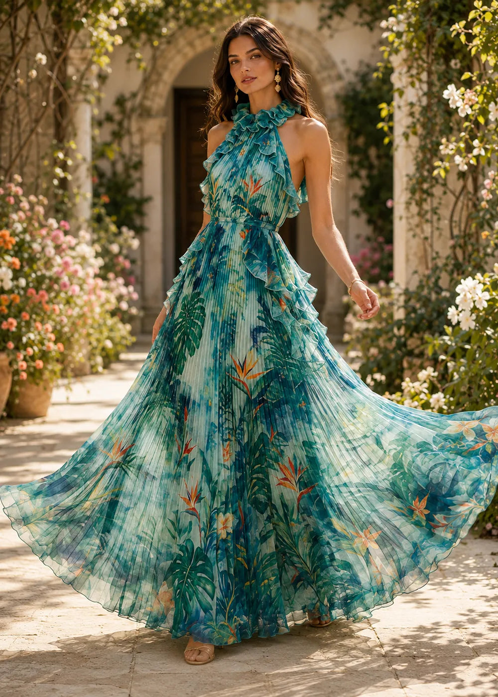 Tropical Ruffle-Neck Pleated Formal Gown