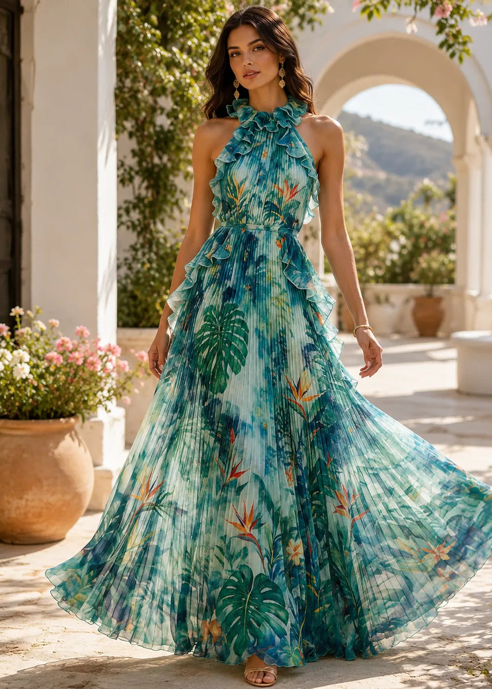 Tropical Ruffle-Neck Pleated Formal Gown