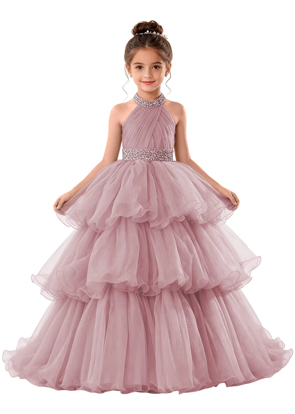 Beaded Halter Tiered Tulle Girls Pageant Gown