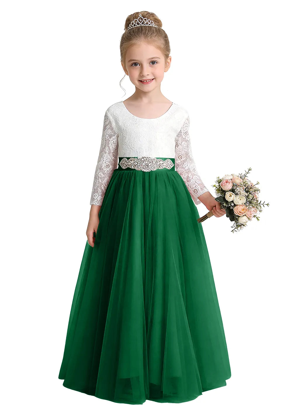 V-Back Lace Flower Girl Gown with Bow Sash
