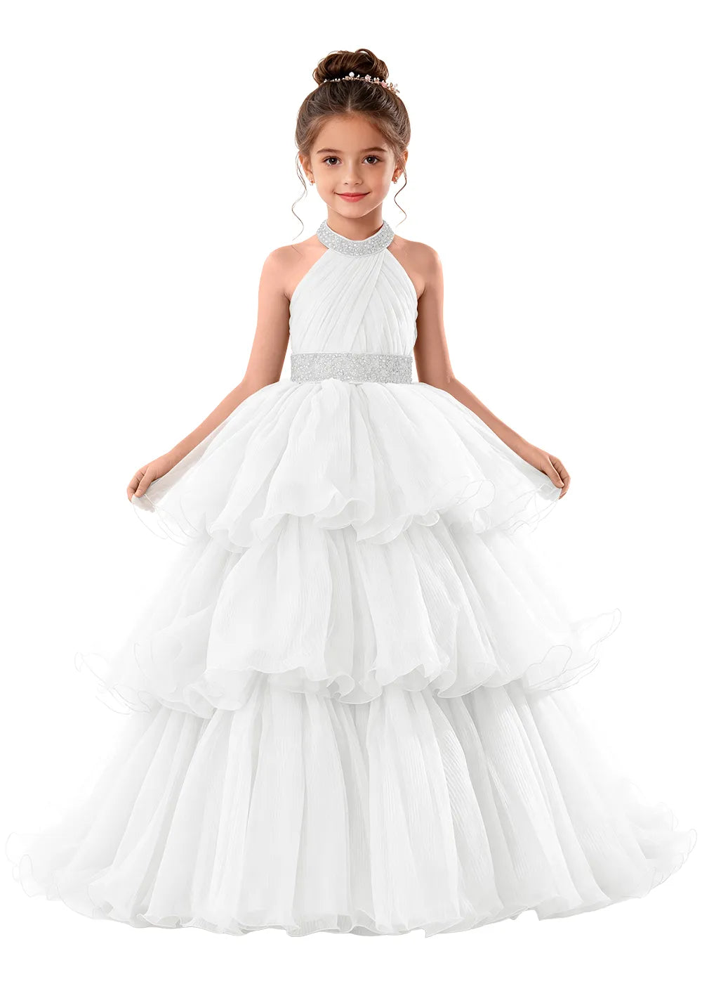 Beaded Halter Tiered Tulle Girls Pageant Gown