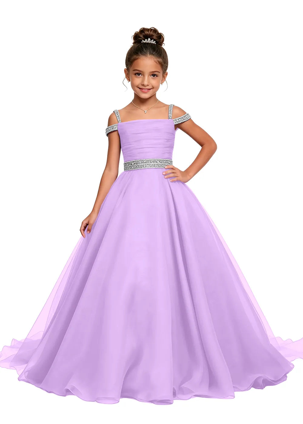 Beaded Strap Off-Shoulder Girls Ball Gown