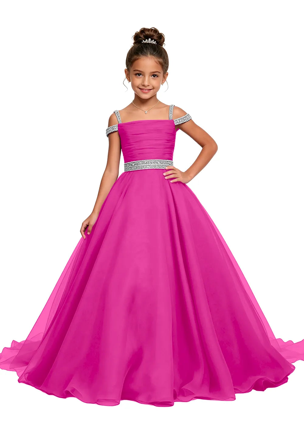 Beaded Strap Off-Shoulder Girls Ball Gown