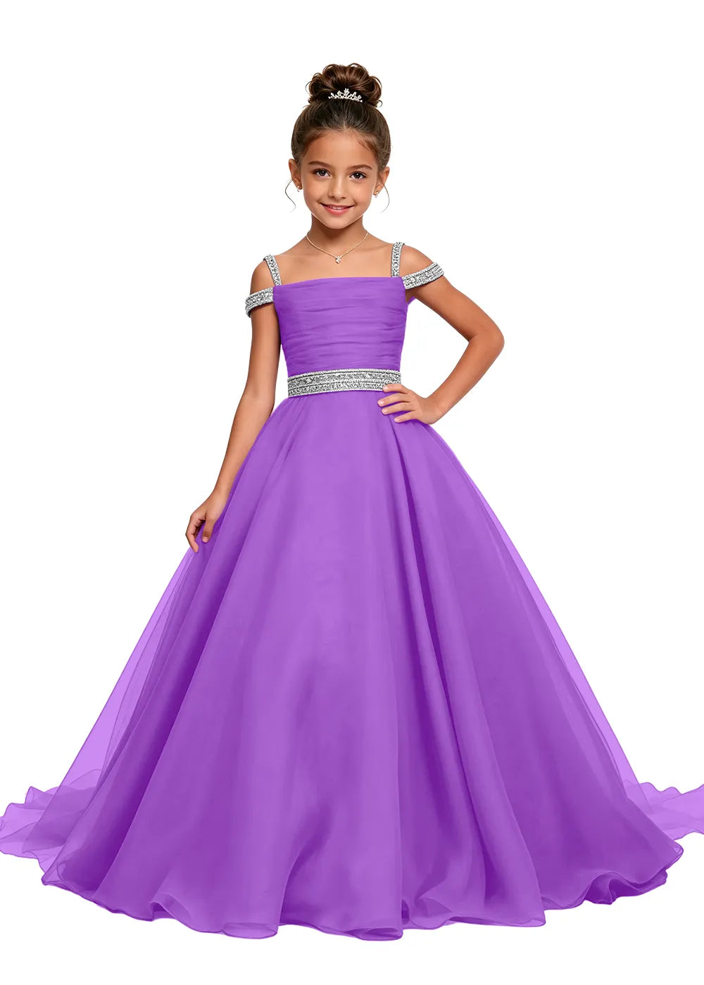 Beaded Strap Off-Shoulder Girls Ball Gown