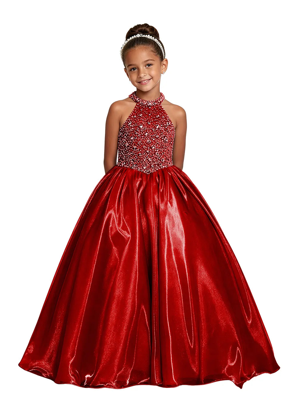 Jeweled Halter Satin Girls Ball Gown