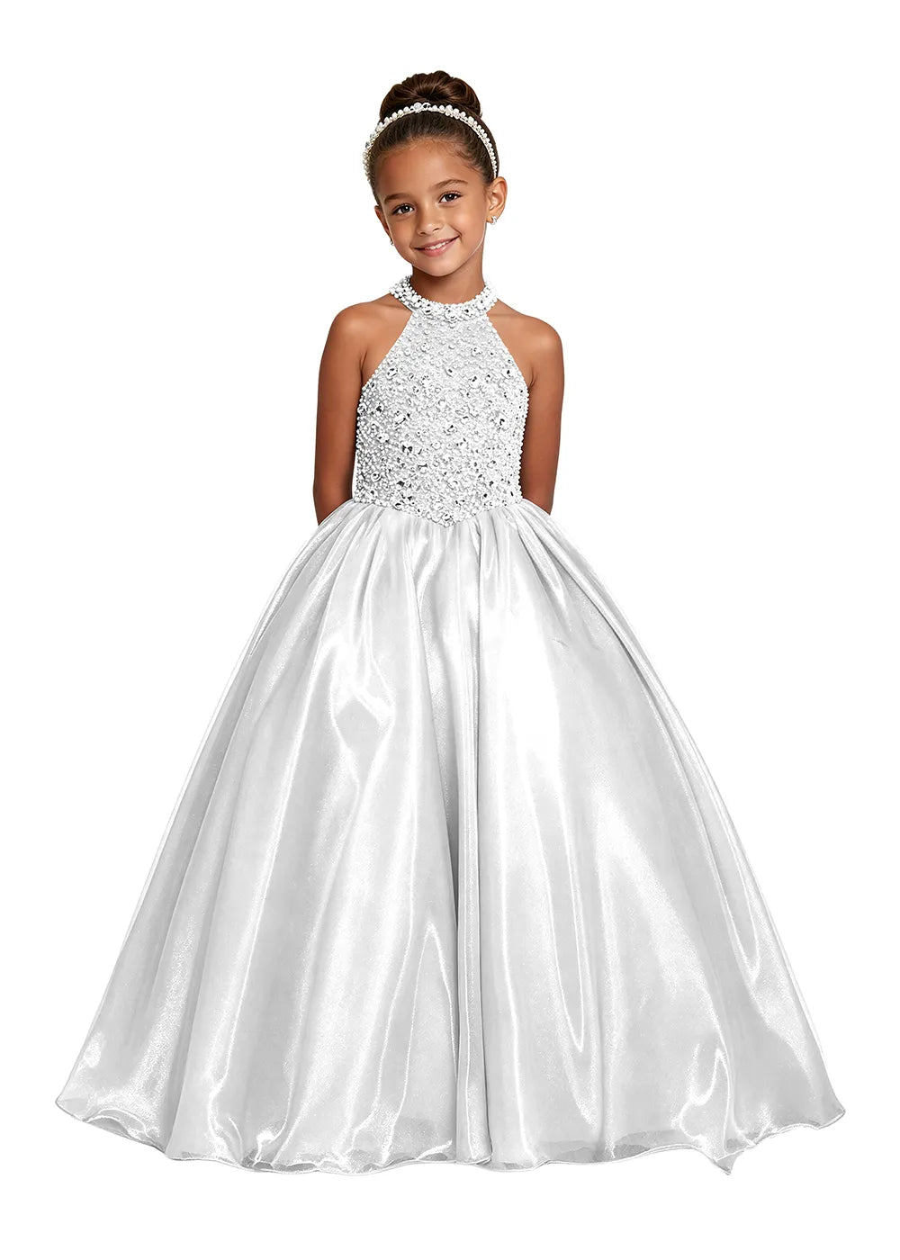 Jeweled Halter Satin Girls Ball Gown