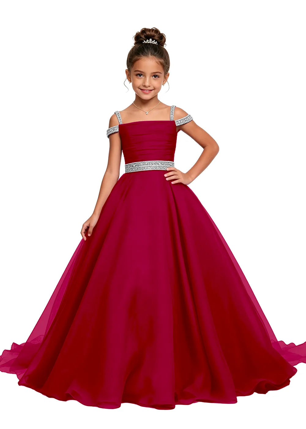 Beaded Strap Off-Shoulder Girls Ball Gown