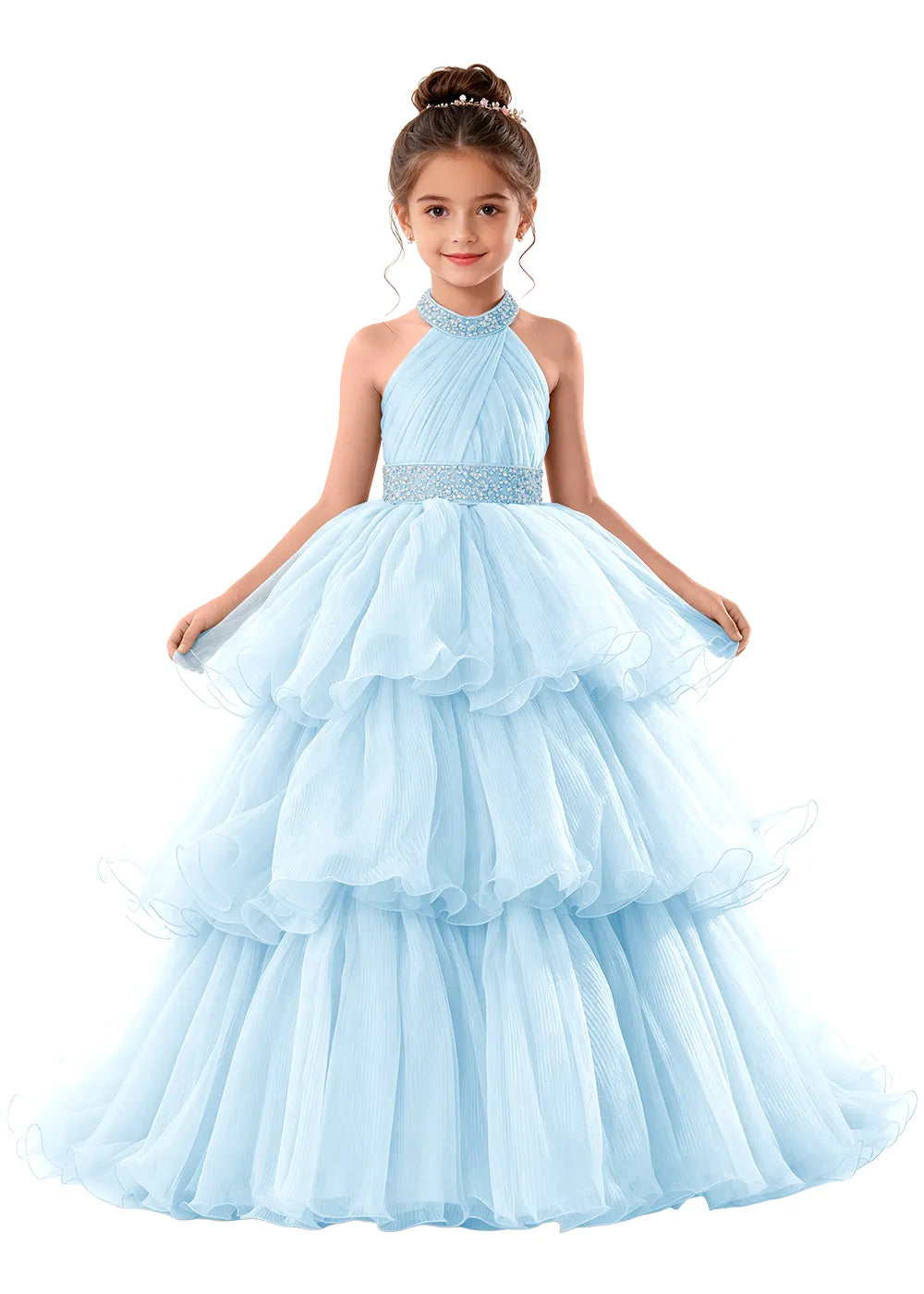 Beaded Halter Tiered Tulle Girls Pageant Gown