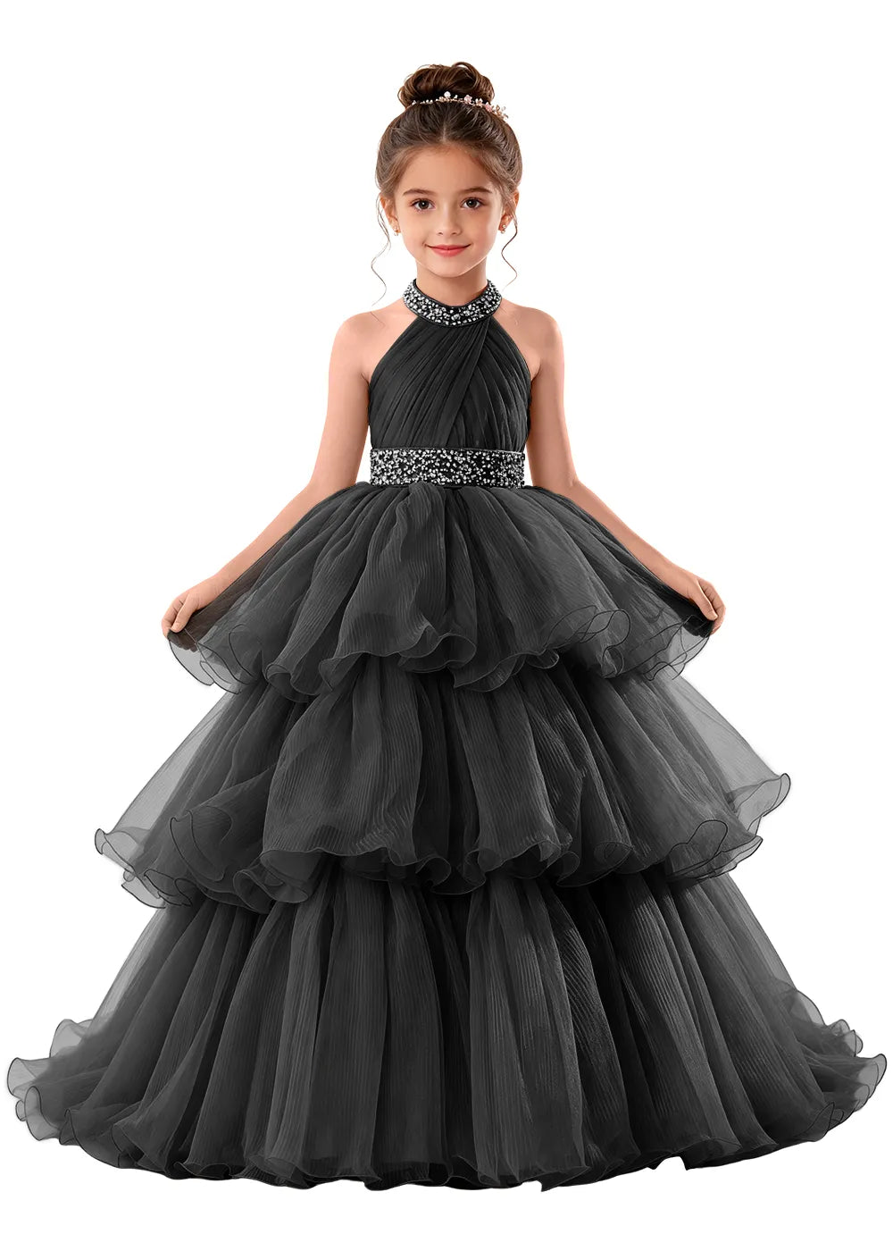 Beaded Halter Tiered Tulle Girls Pageant Gown