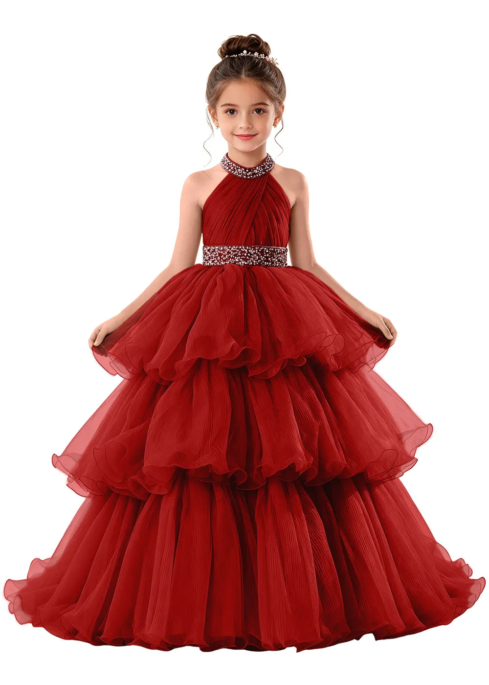 Beaded Halter Tiered Tulle Girls Pageant Gown