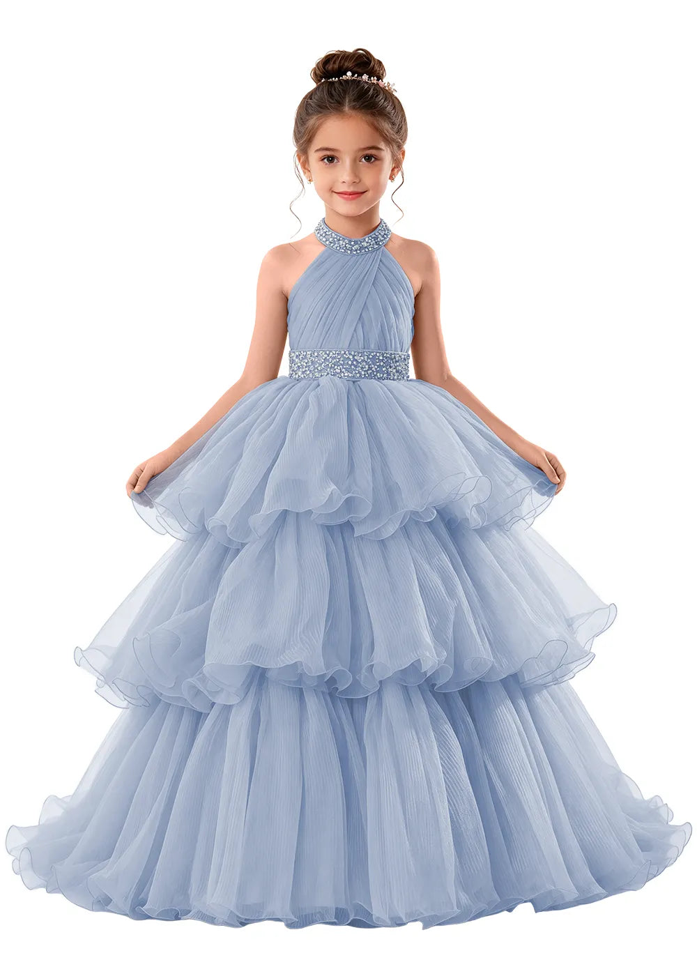 Beaded Halter Tiered Tulle Girls Pageant Gown
