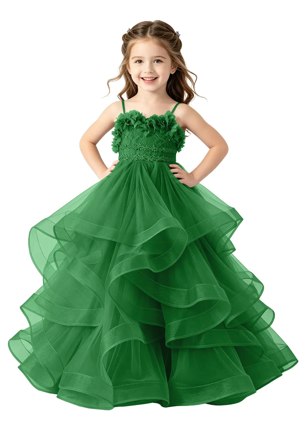 3D Floral Ruffle Tulle Girls Ball Gown