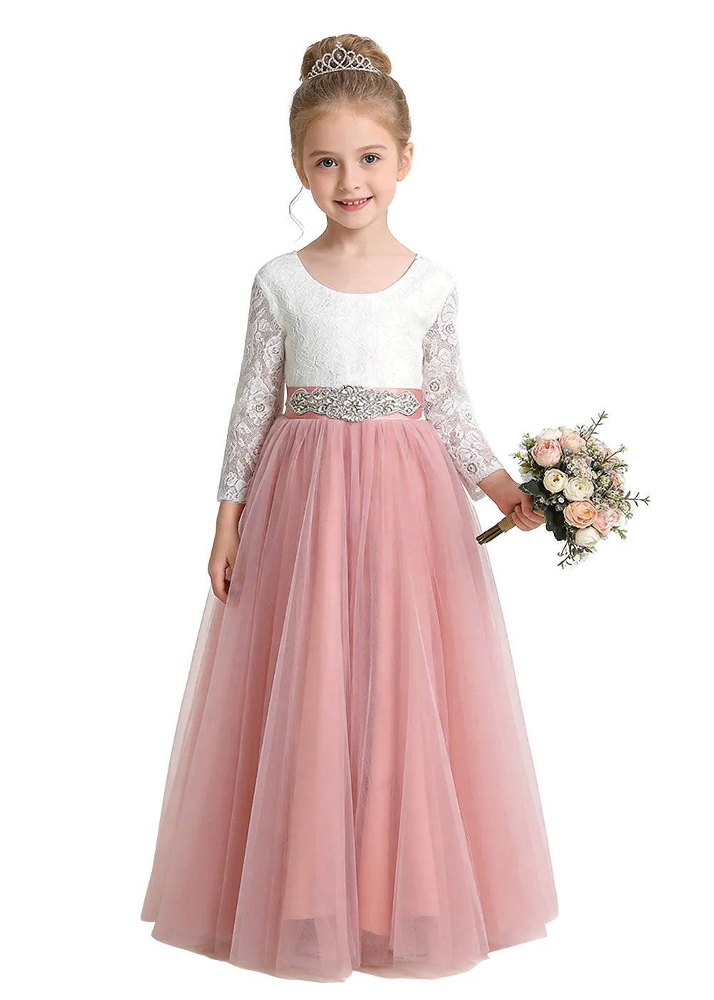 V-Back Lace Flower Girl Gown with Bow Sash