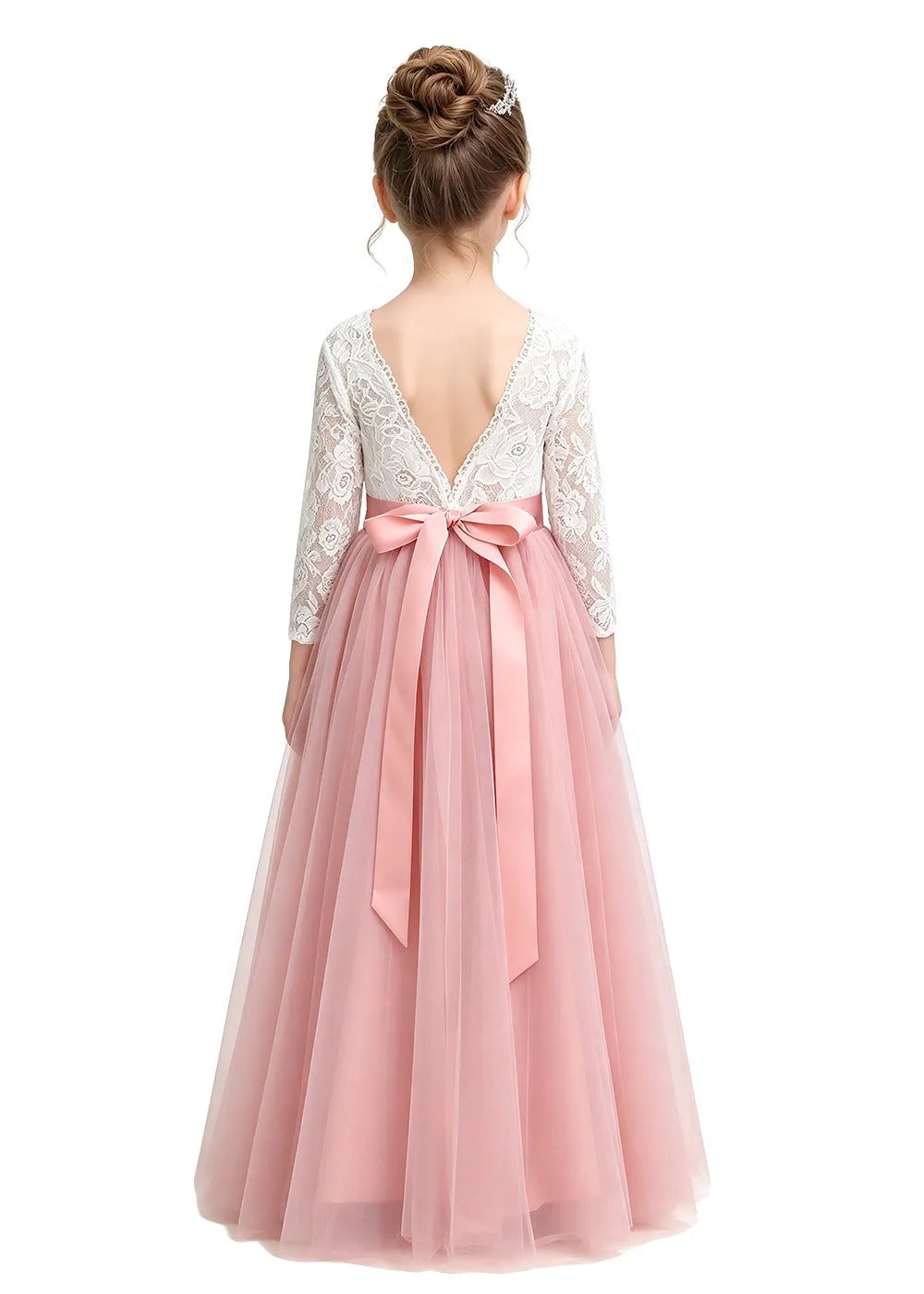 Three-Quarter Sleeve Lace Tulle Junior Bridesmaid Dress