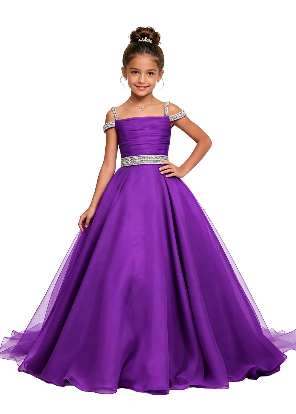 Beaded Strap Off-Shoulder Girls Ball Gown