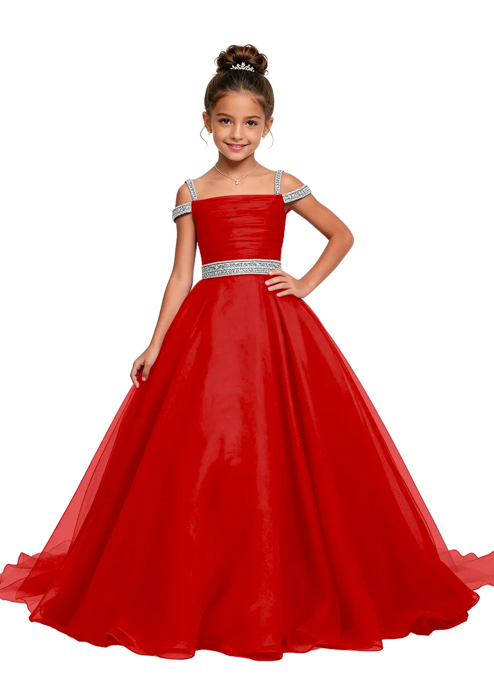 Beaded Strap Off-Shoulder Girls Ball Gown