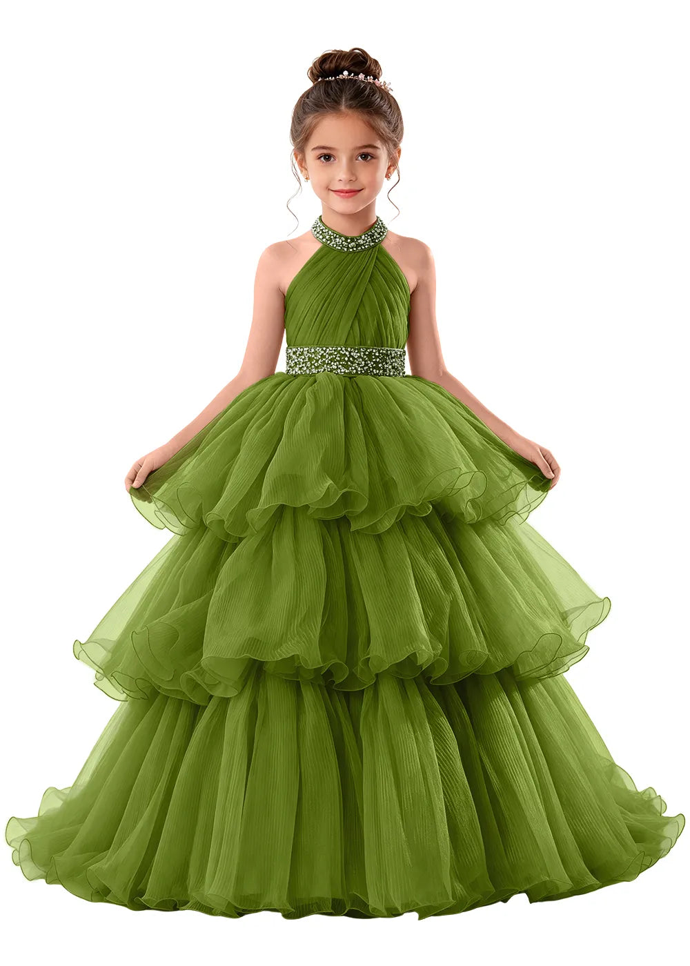 Beaded Halter Tiered Tulle Girls Pageant Gown