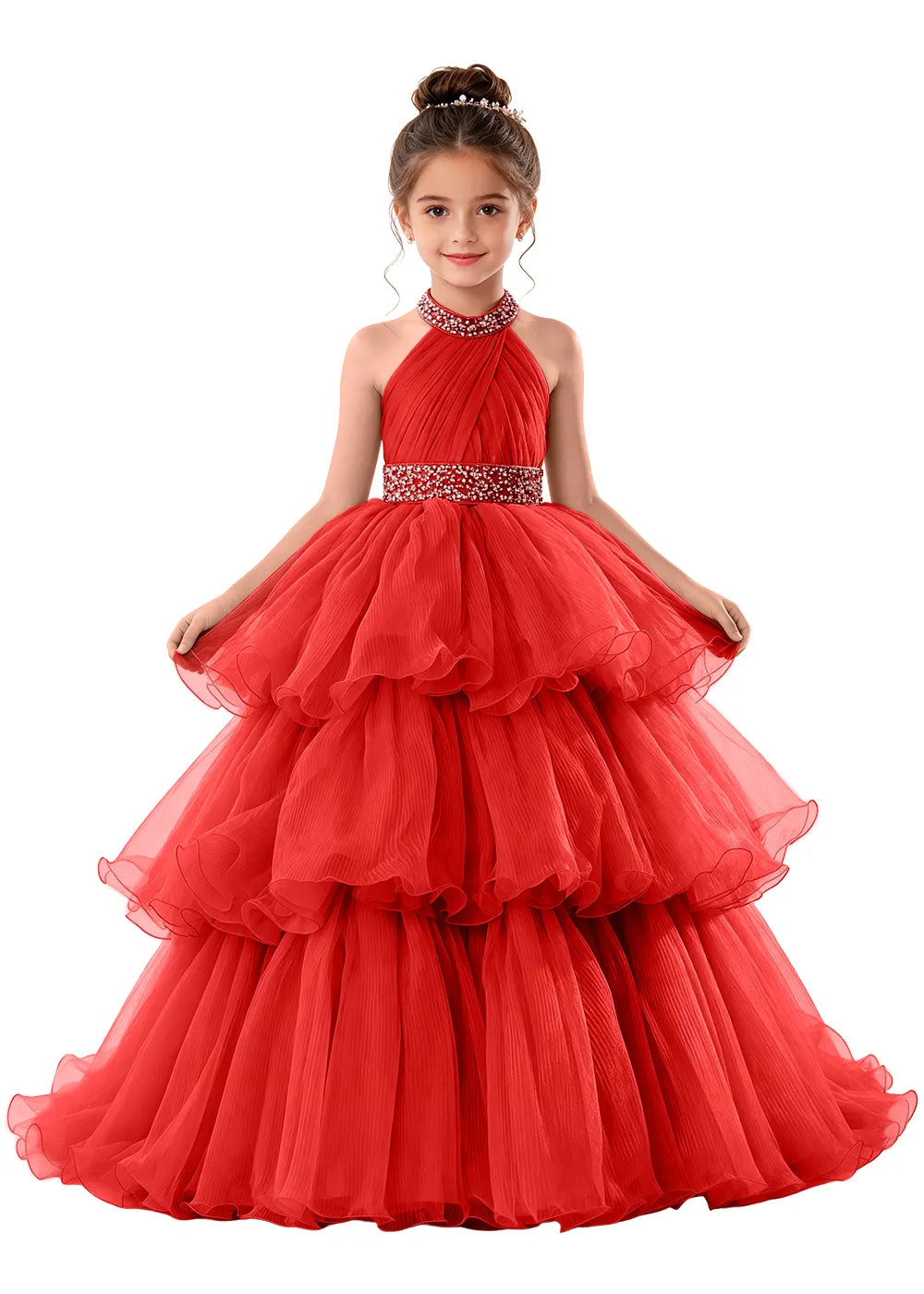 Beaded Halter Tiered Tulle Girls Pageant Gown