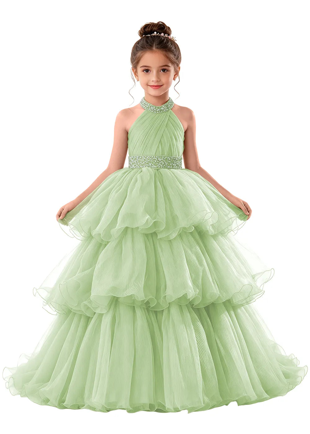 Beaded Halter Tiered Tulle Girls Pageant Gown