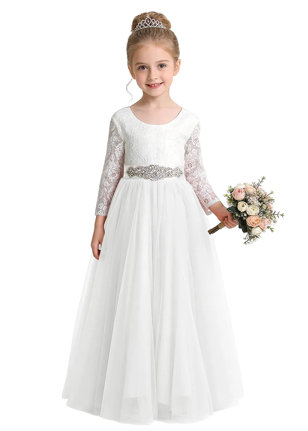V-Back Lace Flower Girl Gown with Bow Sash