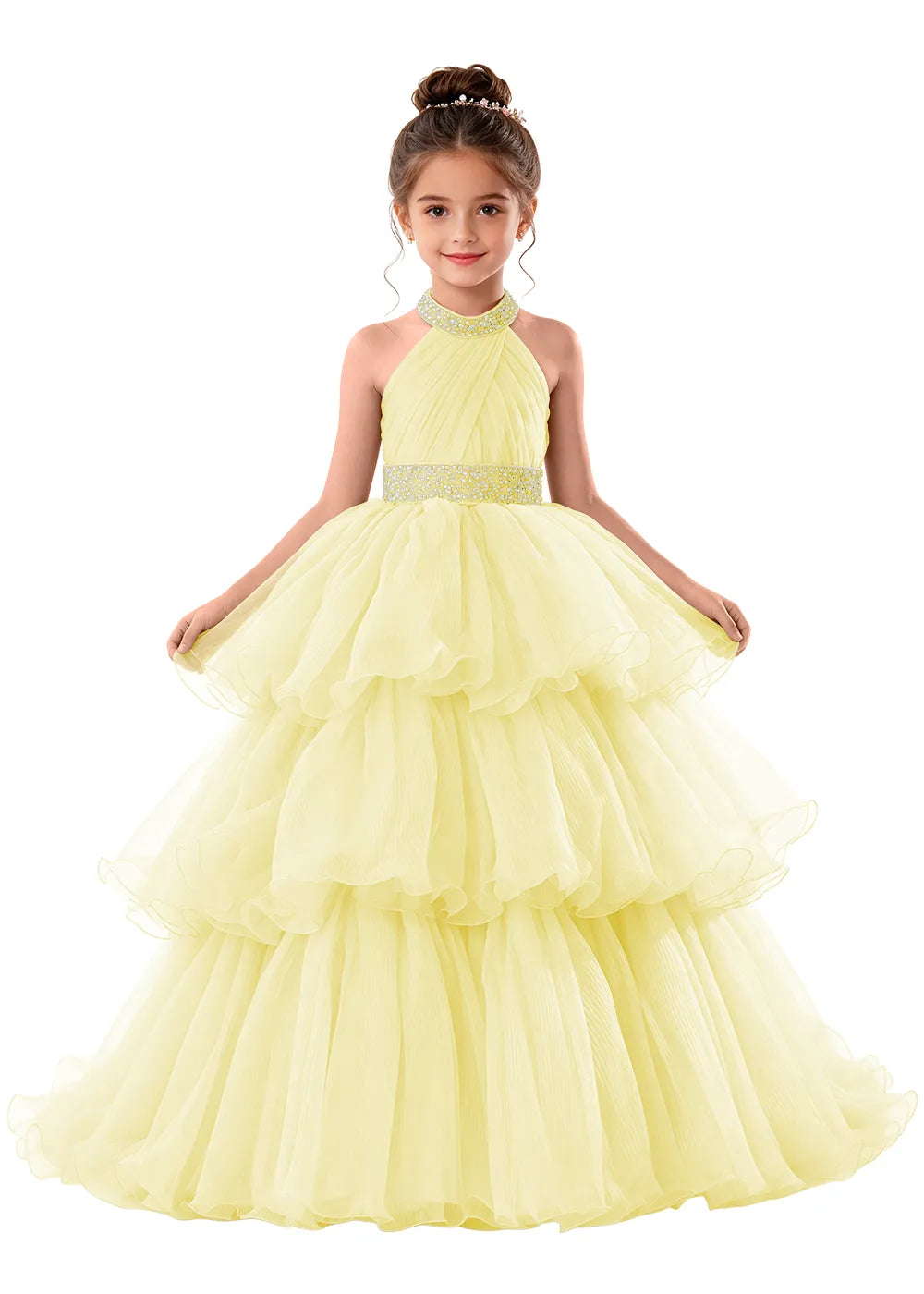 Beaded Halter Tiered Tulle Girls Pageant Gown