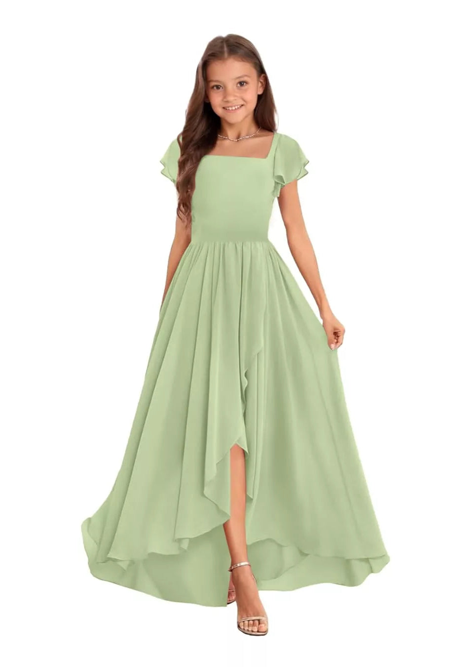V Back Green Chiffon Flower Girl & Bridesmaid Dress | Fynony V Back Green Chiffon Flower Girl & Bridesmaid Dress | Fynony