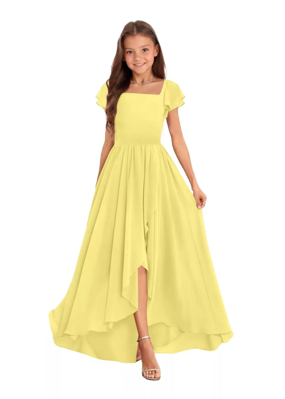 Chiffon Junior Bridesmaid Dress — Square Neck A-Line, Yellow