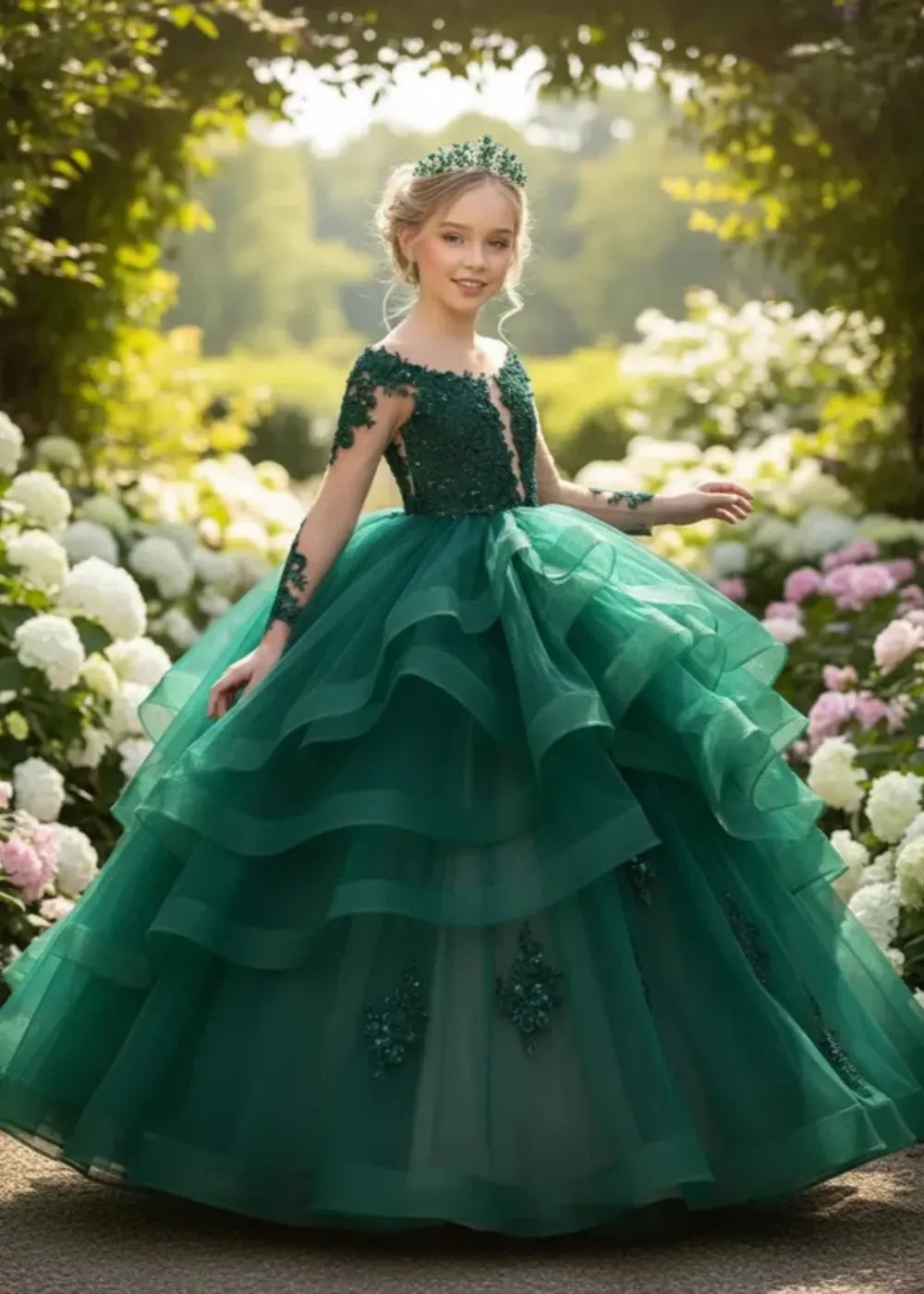 Long Sleeve Tulle Flower Girl Dress with Lace Appliqués