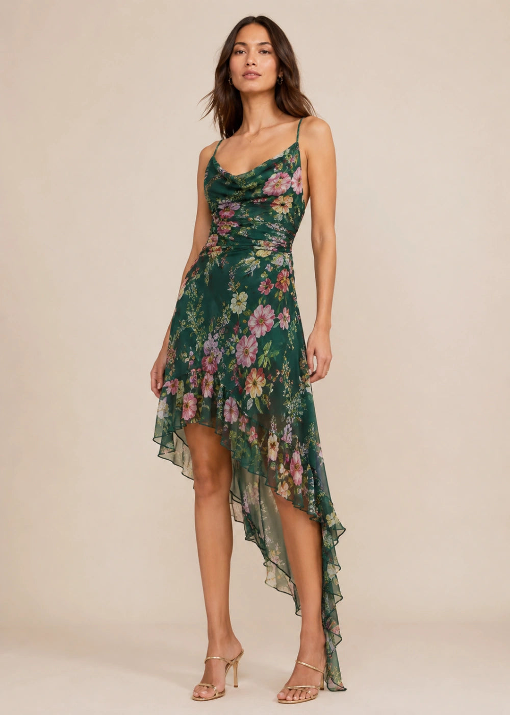 Emerald Pink Floral Cowl-Neck High-Low Dress