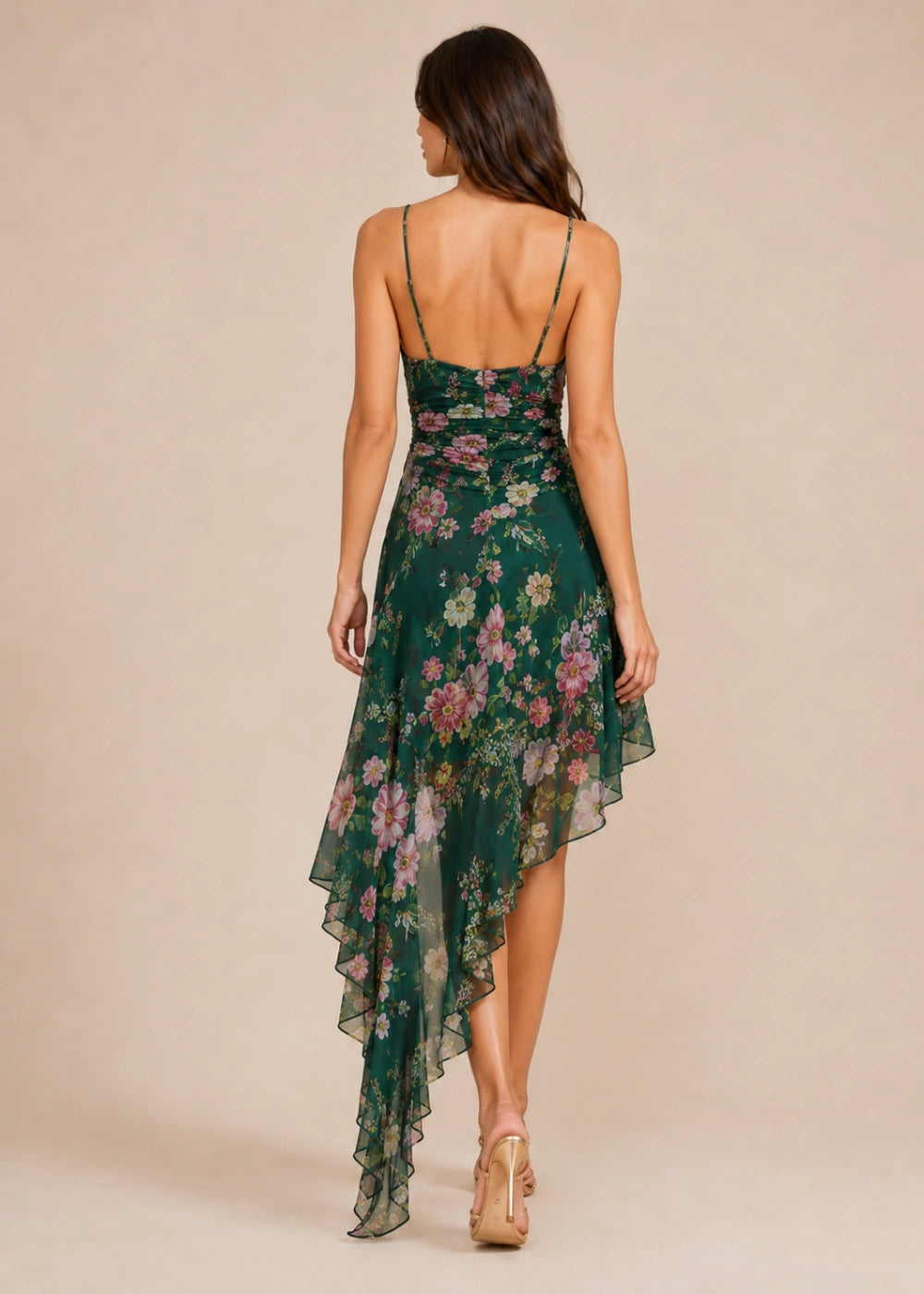 Emerald Pink Floral Cowl-Neck High-Low Dress