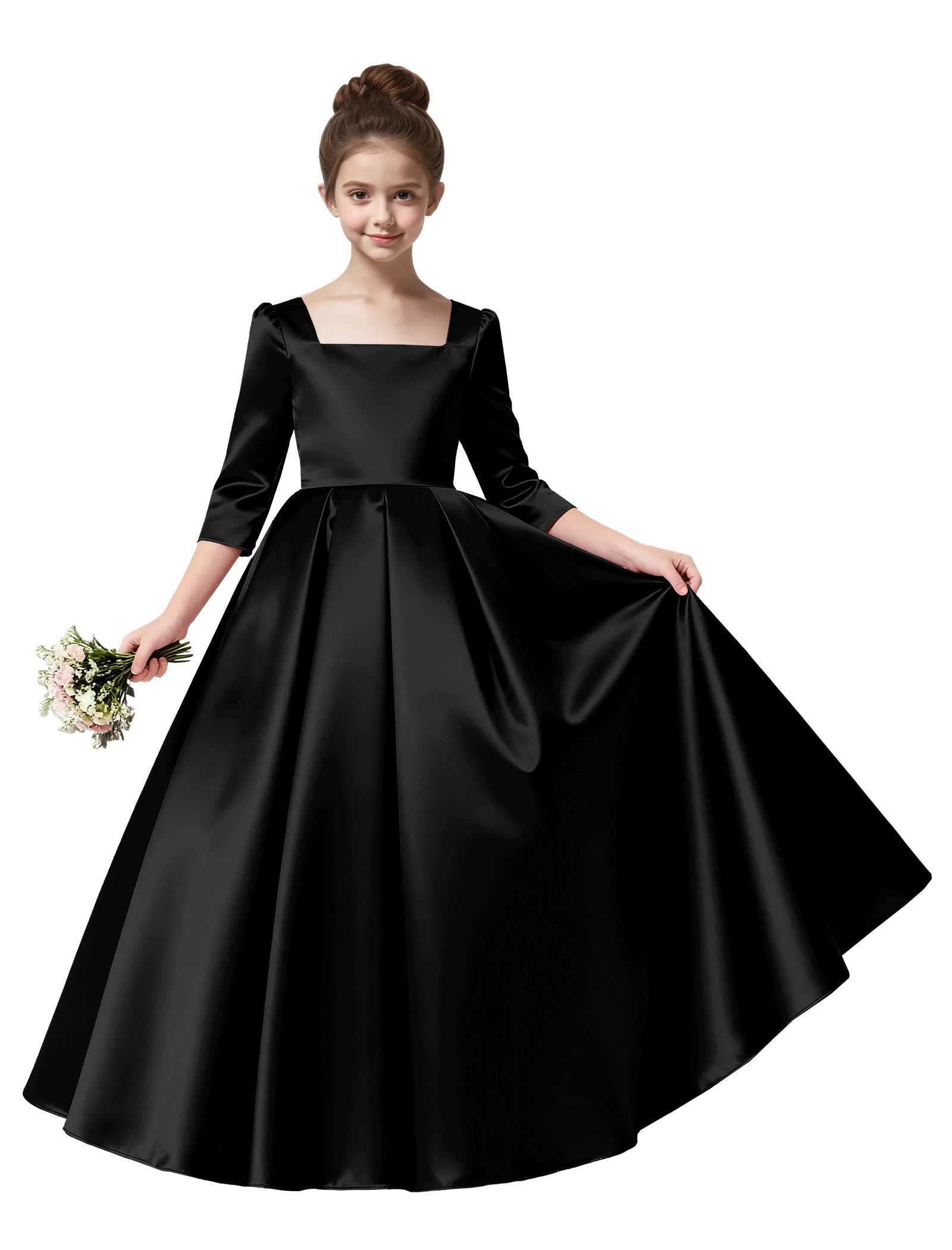 Girls Satin Long Sleeve Flower Girl Dress with Bow