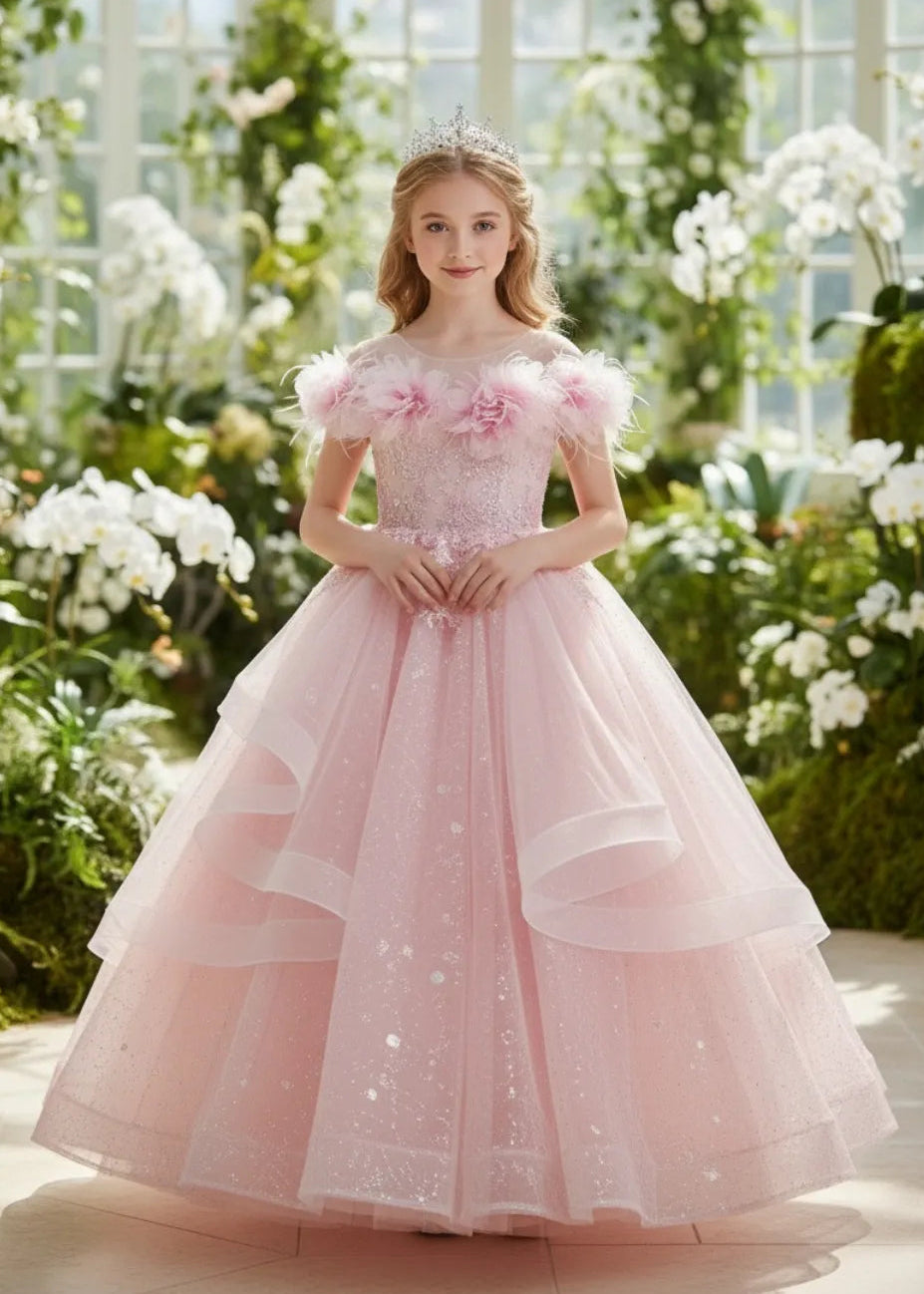 Off-Shoulder Petal Flower Girl Dress with Glitter Tulle Layers | Fynony Off-Shoulder Petal Flower Girl Dress with Glitter Tulle Layers | Fynony