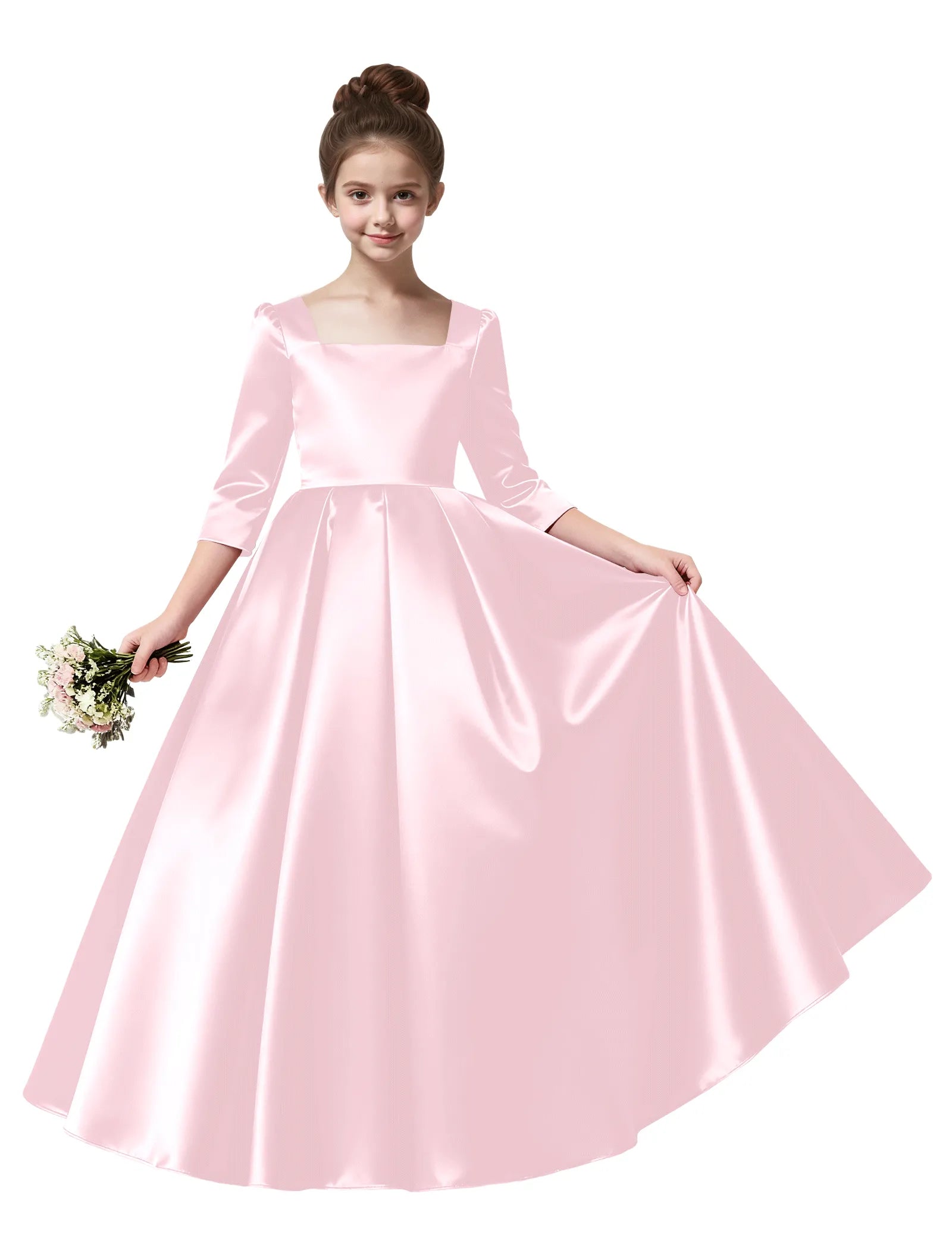 Girls Satin Long Sleeve Flower Girl Dress with Bow