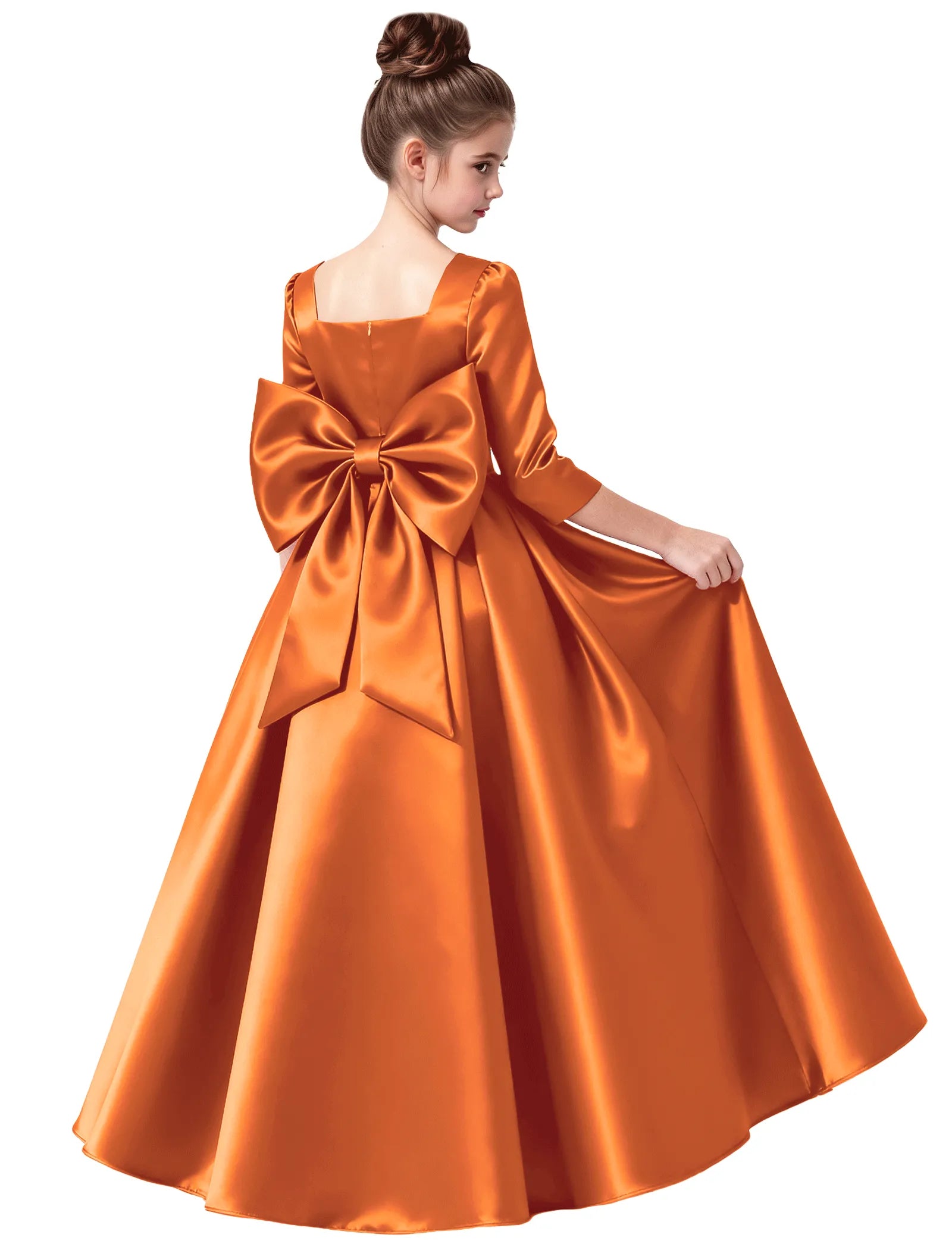 Girls Satin Long Sleeve Flower Girl Dress with Bow