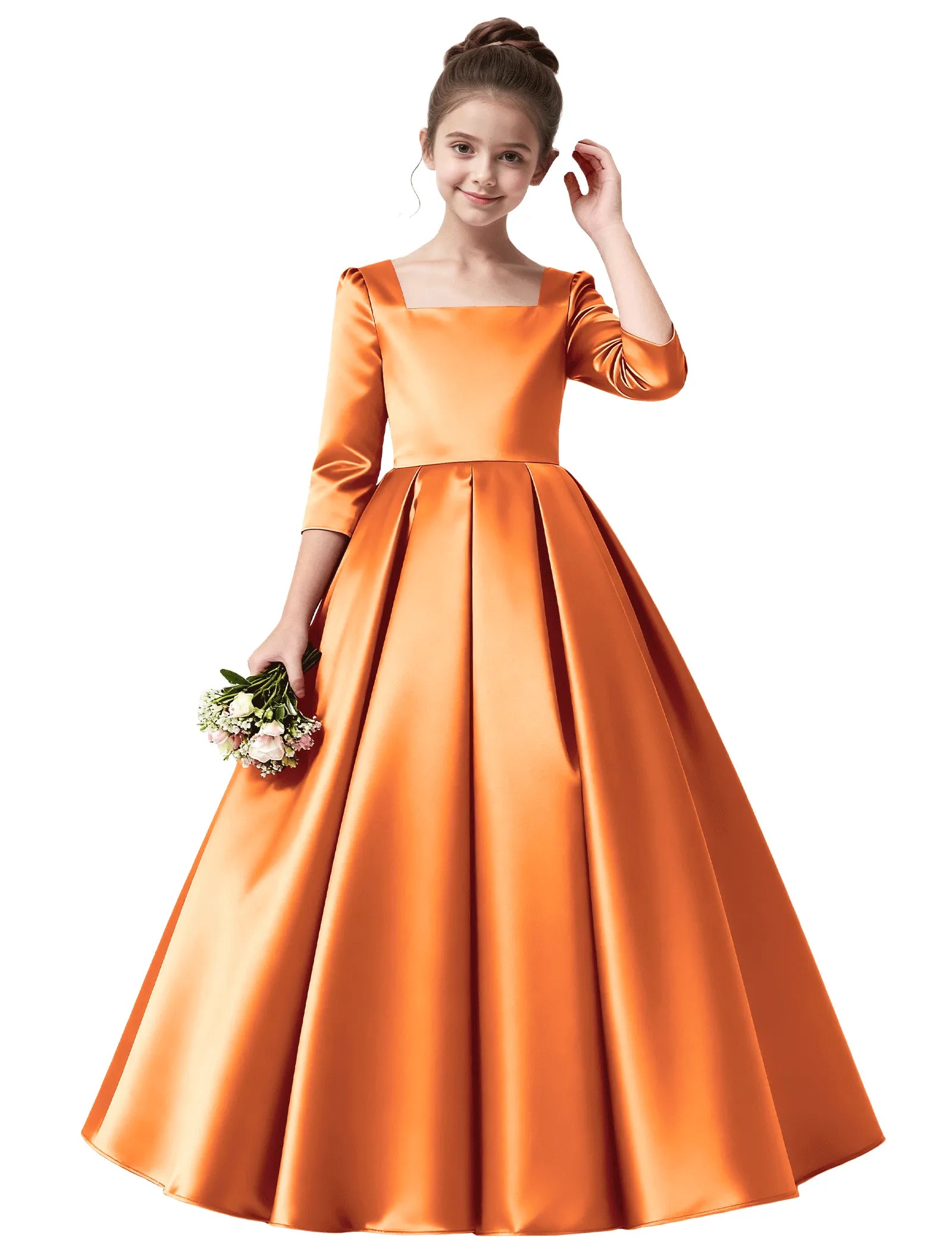 Girls Satin Long Sleeve Flower Girl Dress with Bow