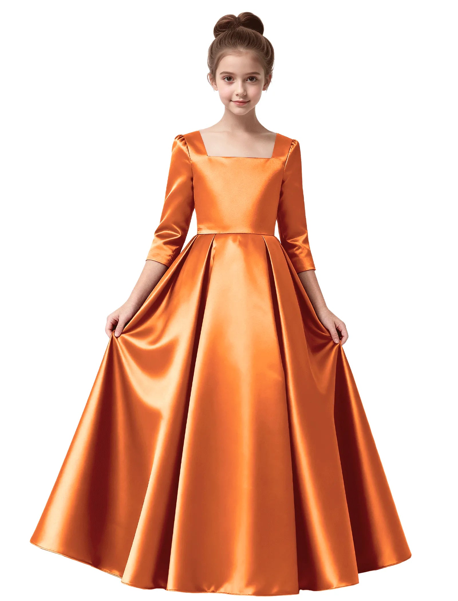 Girls Satin Long Sleeve Flower Girl Dress with Bow