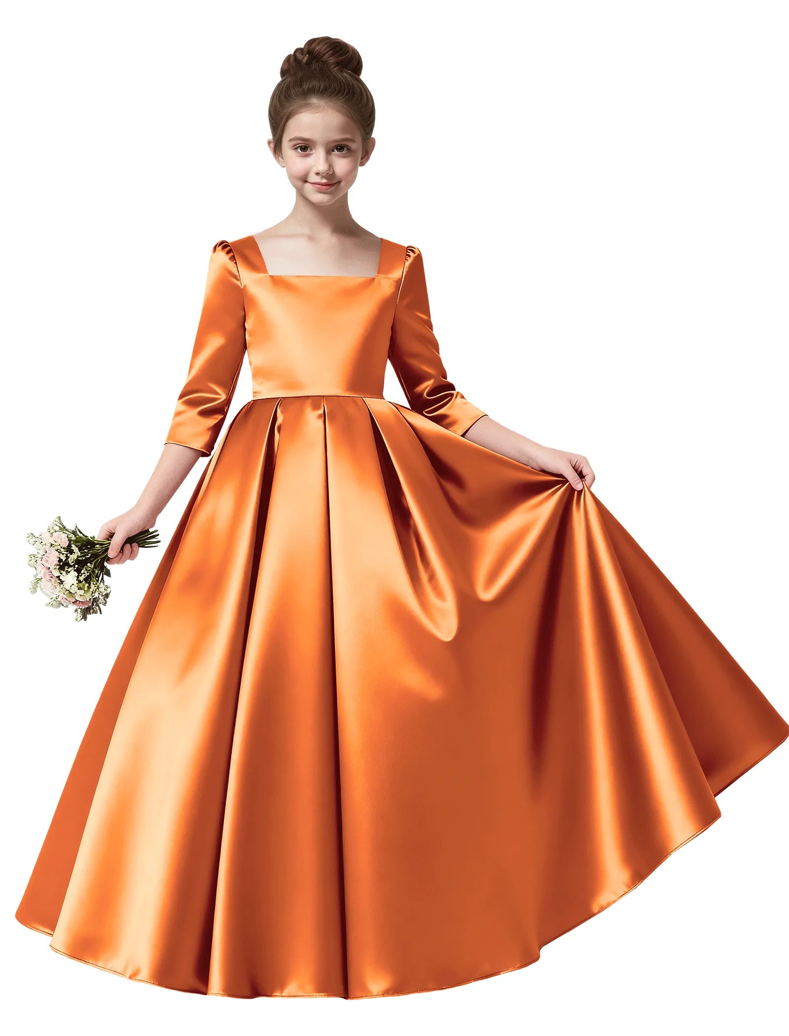 Girls Satin Long Sleeve Flower Girl Dress with Bow