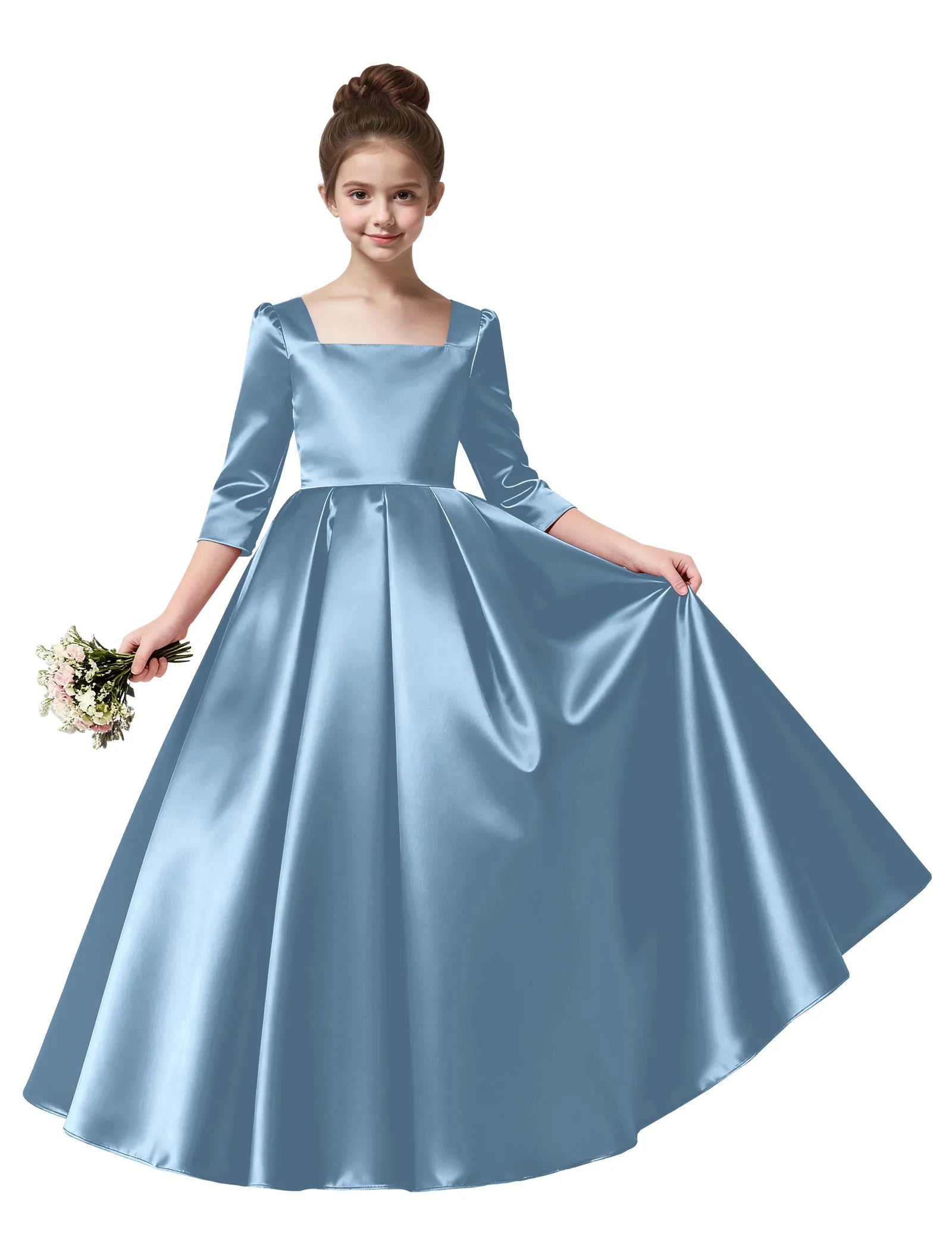 Girls Satin Long Sleeve Flower Girl Dress with Bow