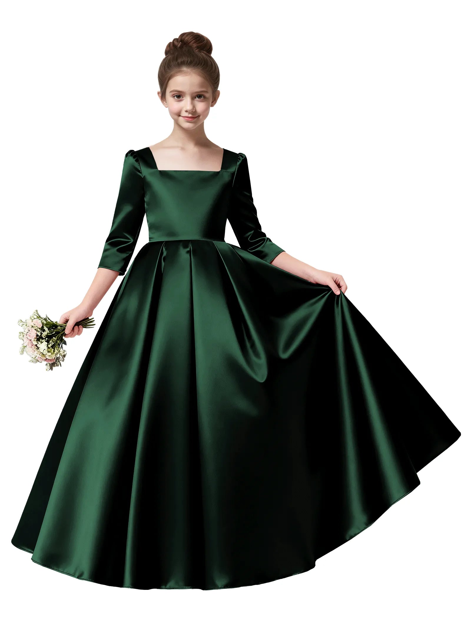 Girls Satin Long Sleeve Flower Girl Dress with Bow
