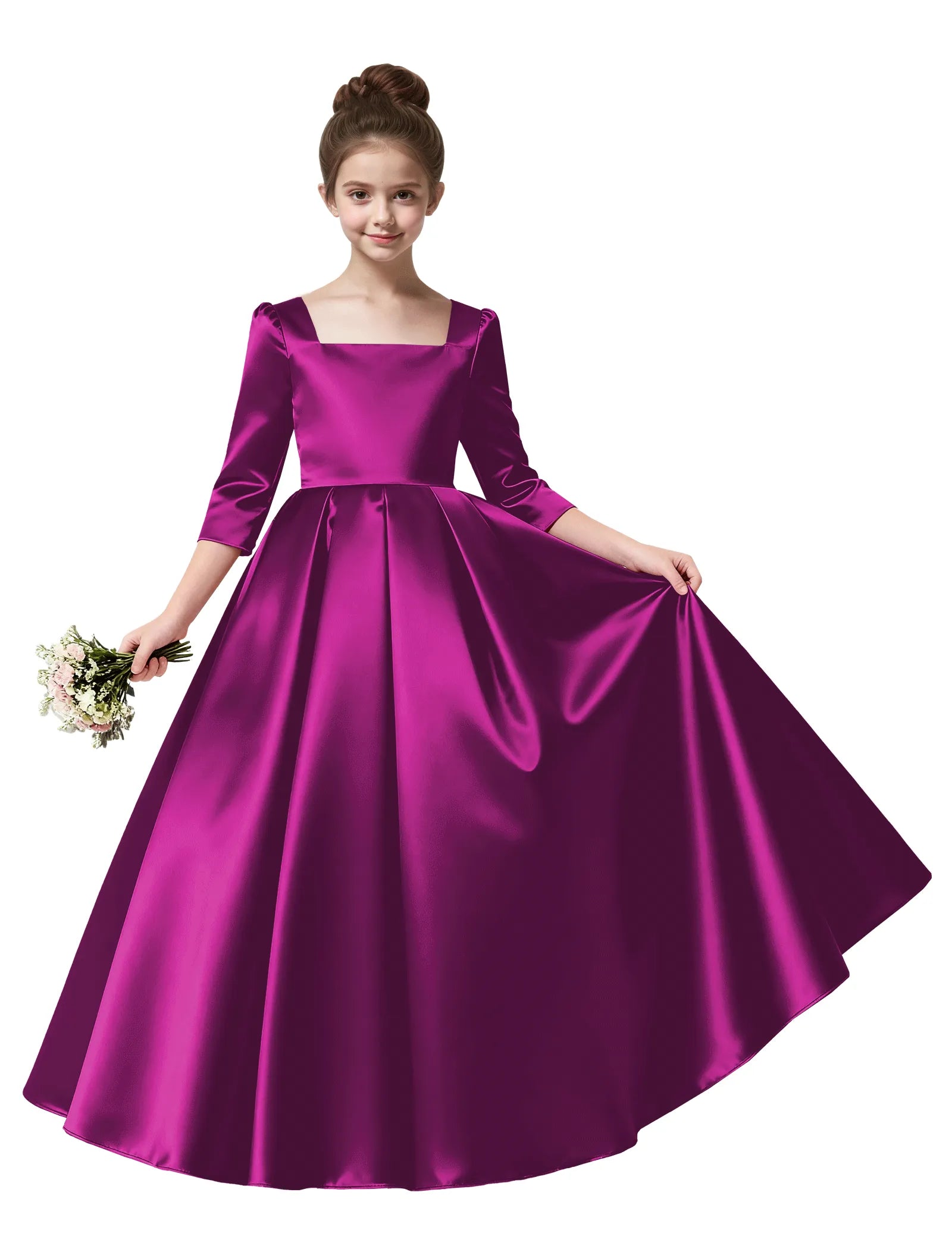 Girls Satin Long Sleeve Flower Girl Dress with Bow