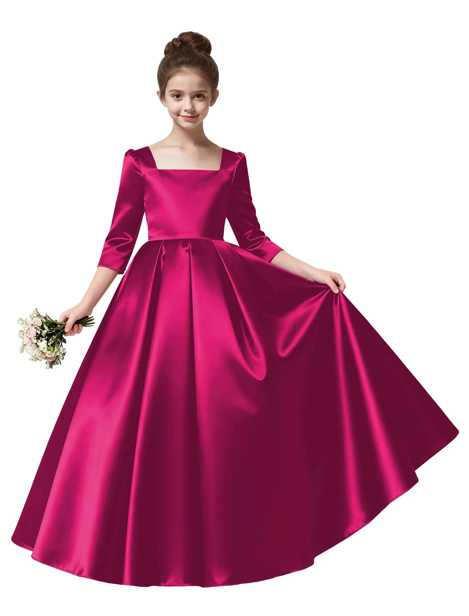 Girls Satin Long Sleeve Flower Girl Dress with Bow