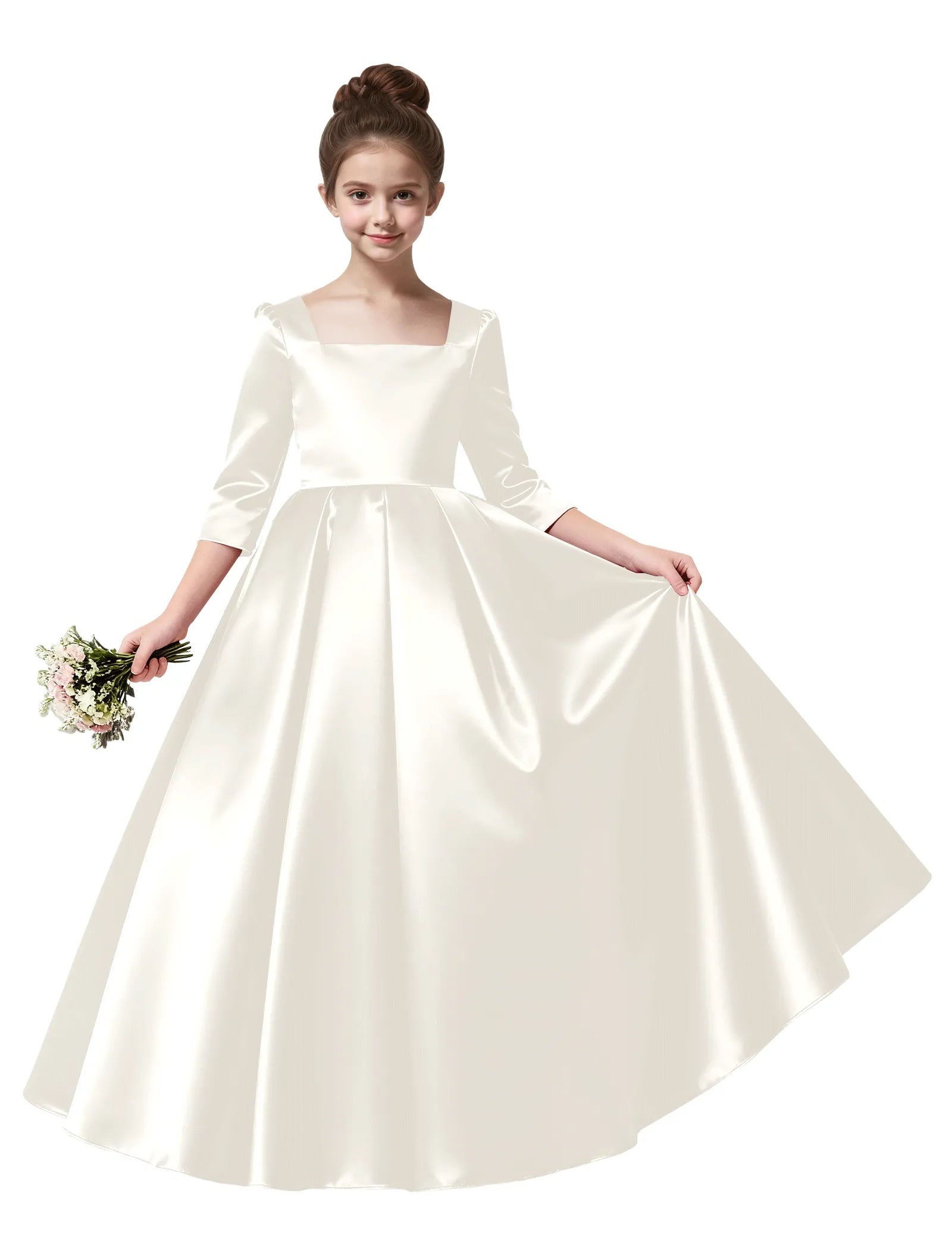 Girls Satin Long Sleeve Flower Girl Dress with Bow